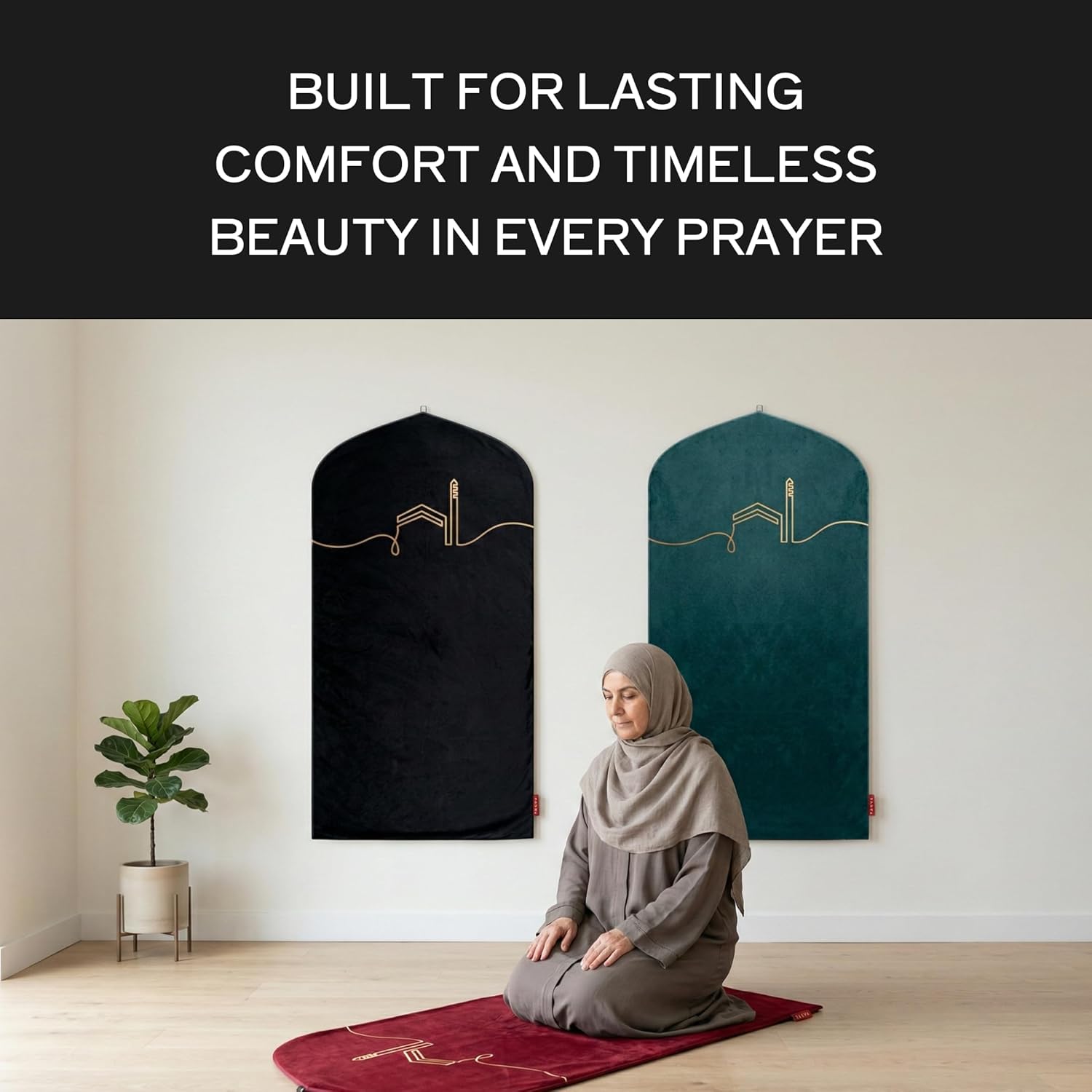 TAKVA EasiClean™ Indoor Prayer Mat | Kaaba Collection (ComfitPlus, Kaaba Maroon) Padded Memory Foam Prayer Rug, Muslim, Islamic Prayer Rugs