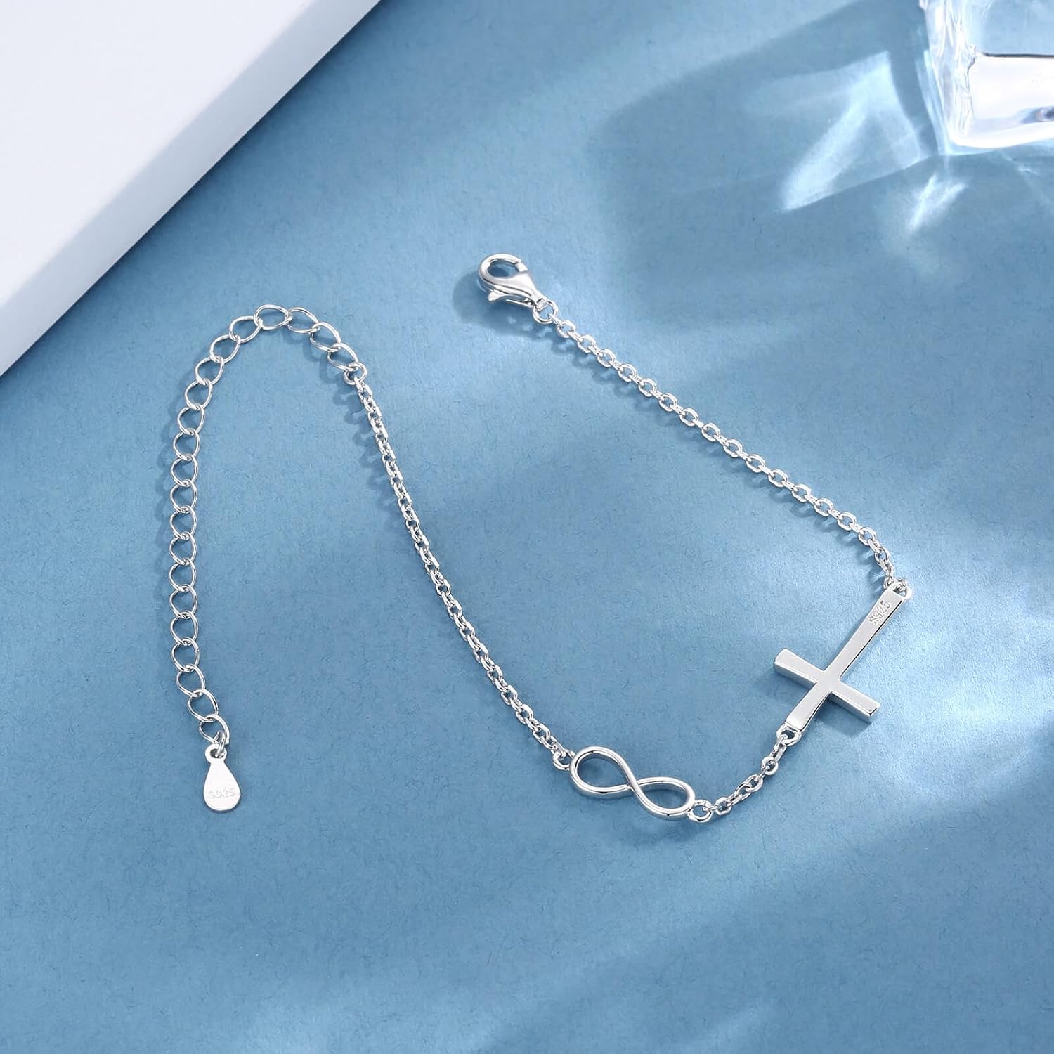 925 Sterling Silver Infinity Cross Bracelet for Women Dainty Faith Jewelry Adjustable Christian Bracelet