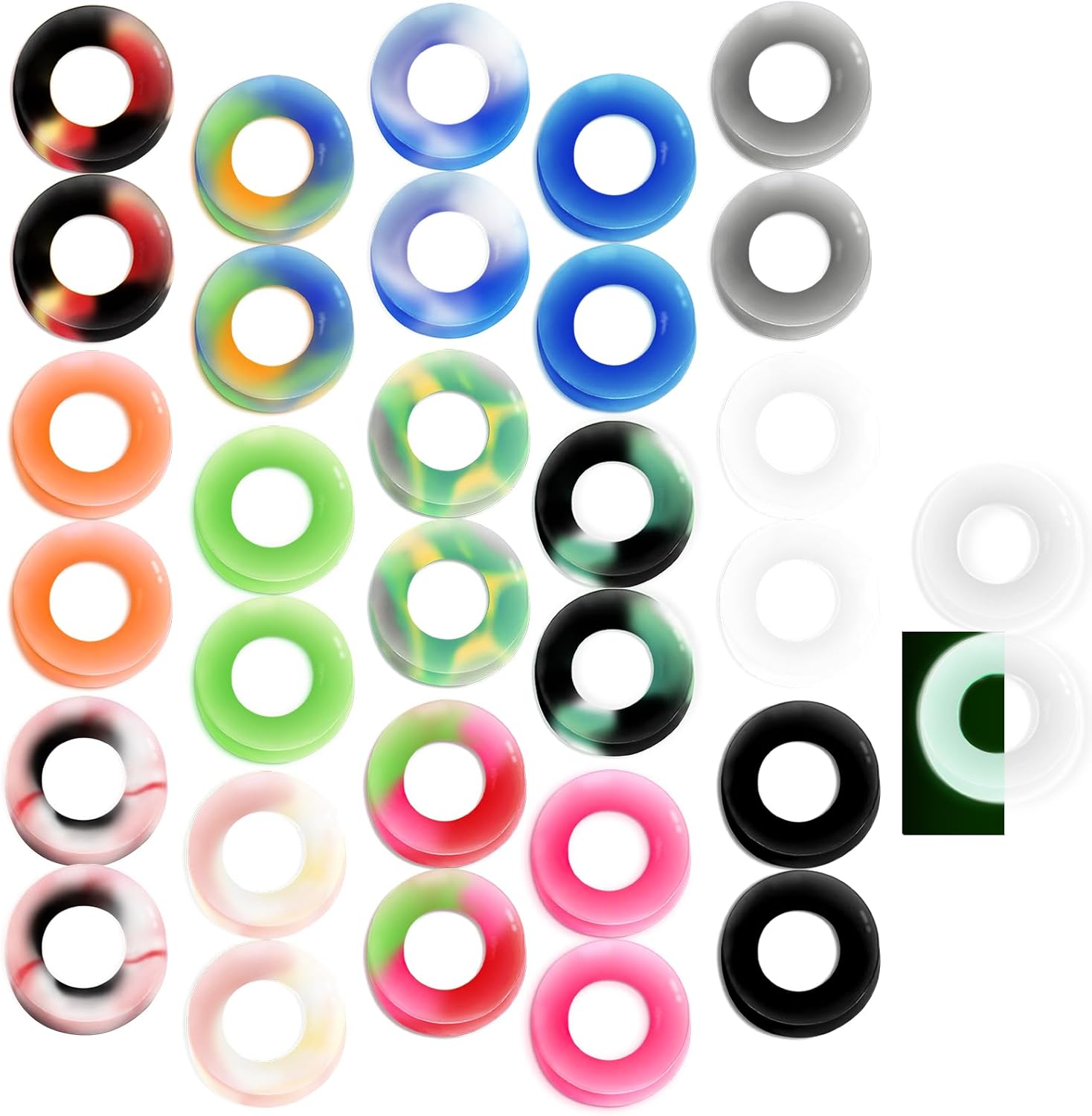 WYR 12/16/20/24/28/32個 イヤートンネルプラグピアスセット:ダブルフレア 中空ハード/ソフトシリコンイヤーゲージ