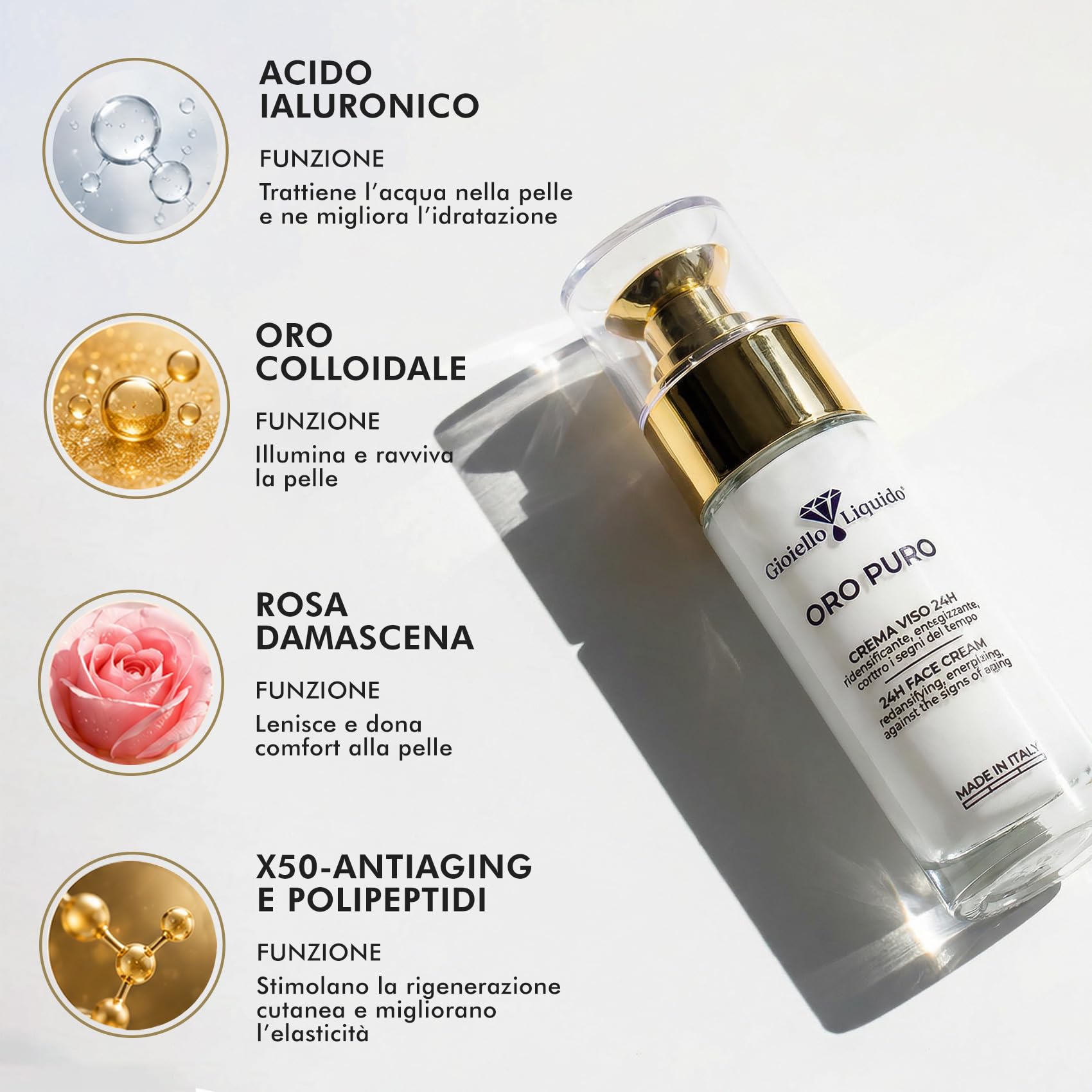 Gioiello Liquido Crema Viso 24H - Antiage con Oro Colloidale, Acido Ialuronico e Rosa Damascena Effetto Lifting e Illuminante – Made in Italy – Per Viso, Collo e Décolleté formato viaggio