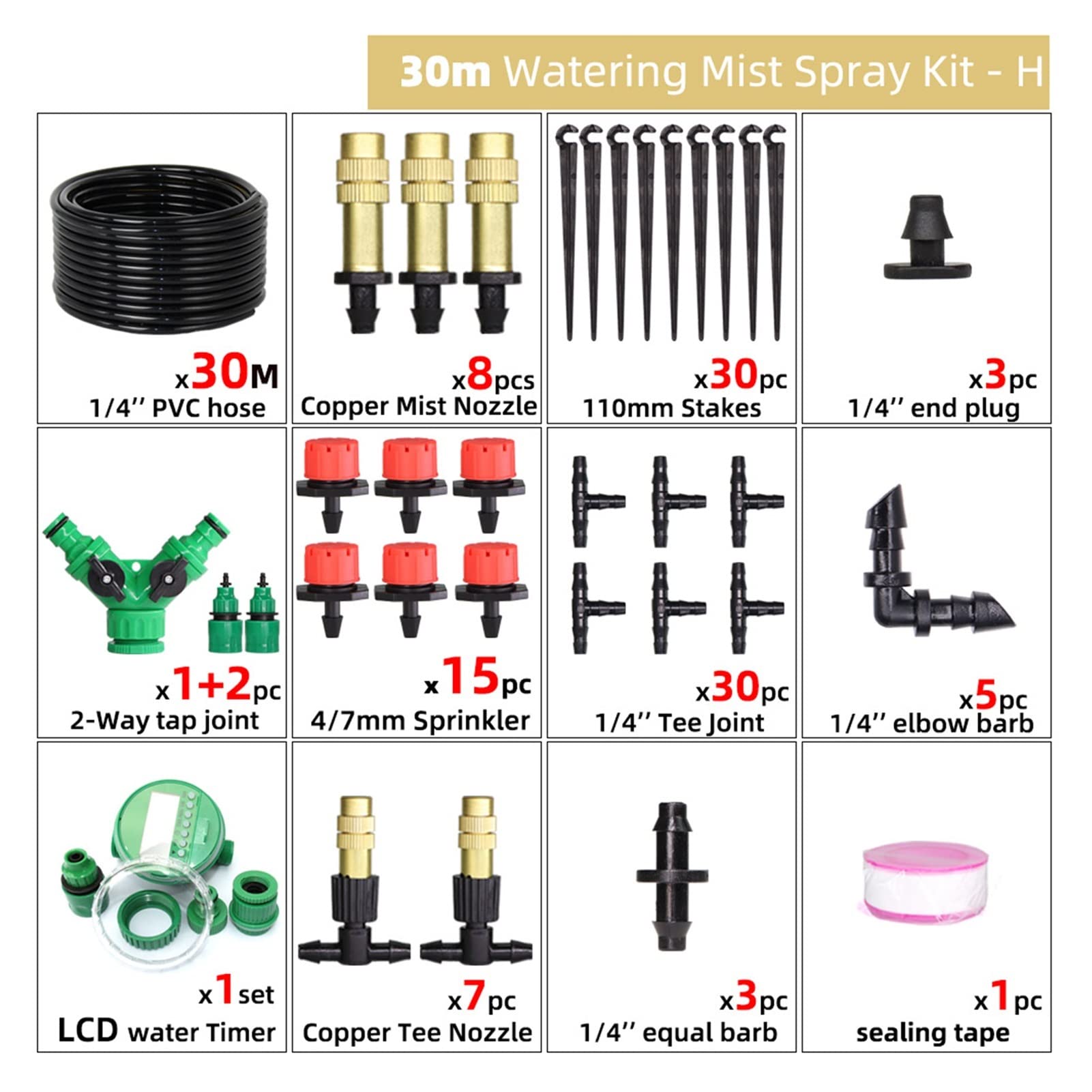 Zestaw do nawadniania kropelkowego 10 M-50 m timer ogrodowy automatyczny kontroler systemu nawadniania DIY regulowana dysza zestaw chłodzenia natryskowego nawadniania kroplowego (kolor: Hx30 m - timer)