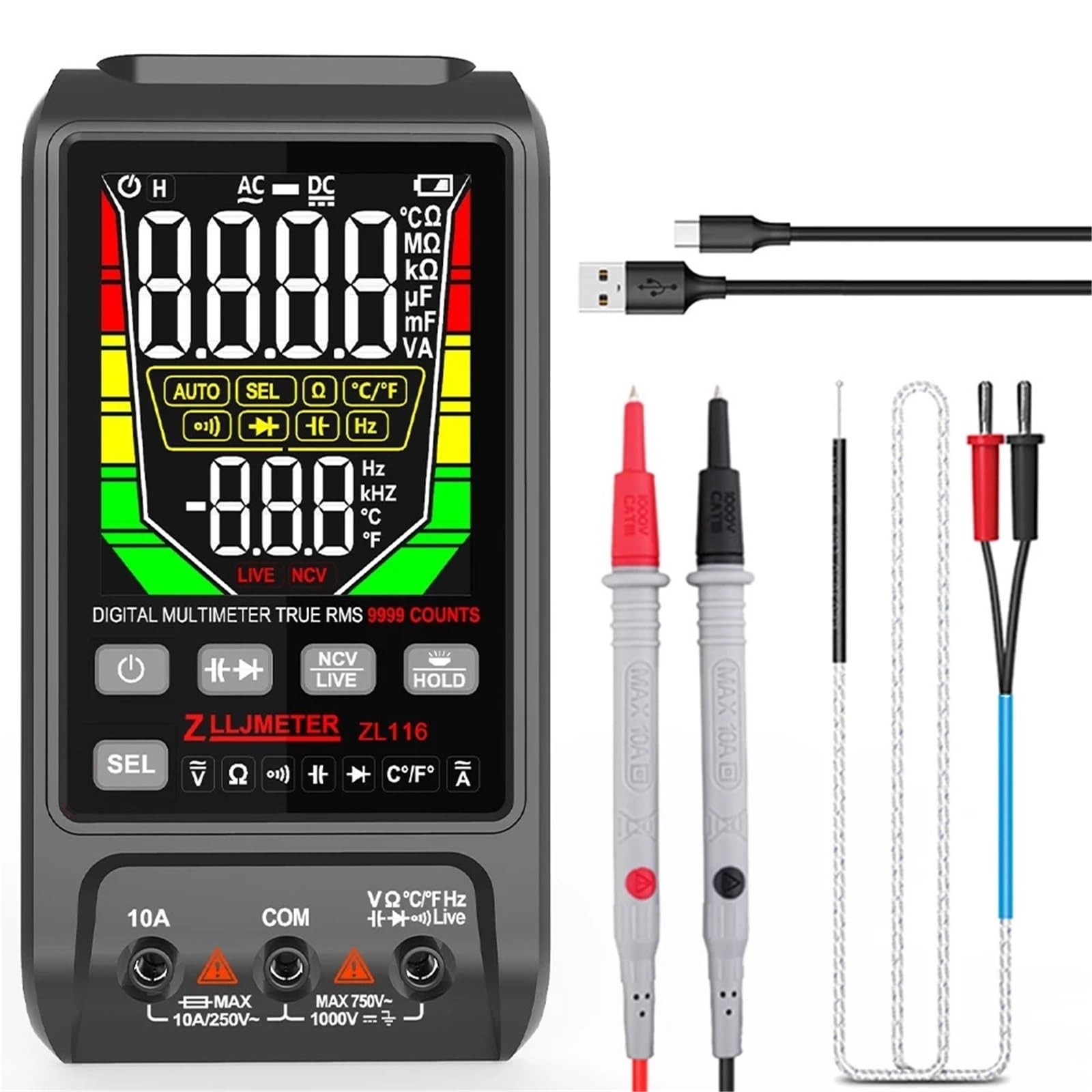 Cyfrowy multimetr, Ładowanie przez USB Inteligentny cyfrowy multimetr 9999 zliczeń Duży ekran AC DC Natężenie prądu Multimetr Pojemność OHm Hz Tester temperatury
