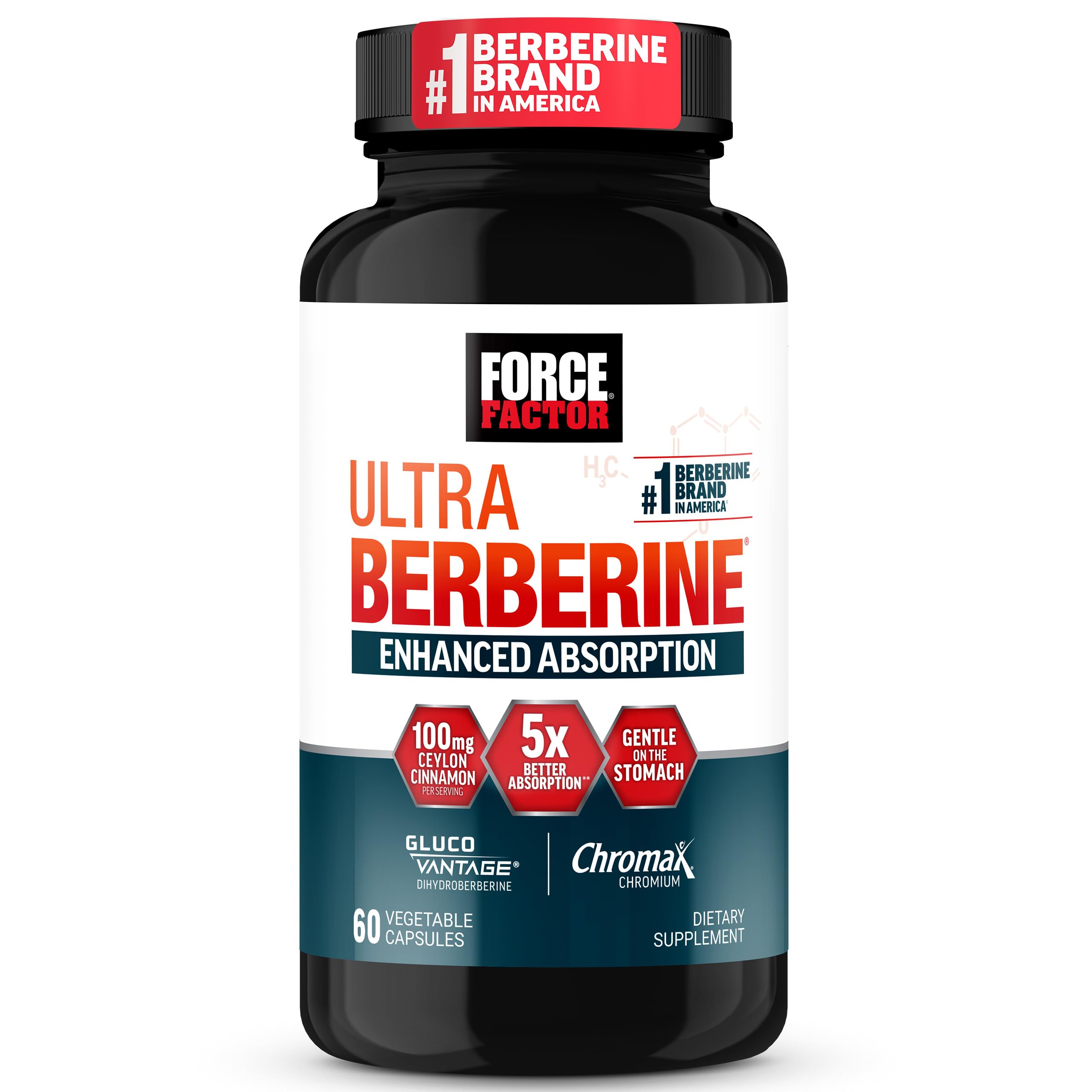 FORCE FAKTOR Ultra Berberine Enhanced Absorption, koos Tseiloni kaneeli, dihüdroberiini ja kroomiga, 5X imendumine, 2X pikem kestvus, lahja kehamassi edendamine, 60 taimset kapslit