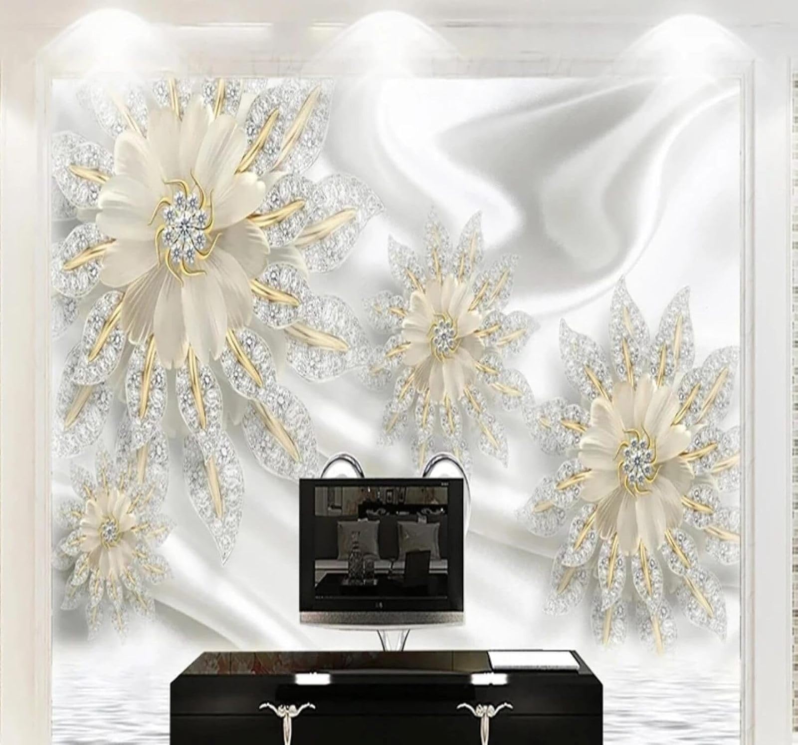 XLMING Metal Swan Jewellery Floral 3D Wallpaper Luxury Home Dining Decor Paste Sofa Living Room The Wall for Bedroom Mural-350cm×256cm
