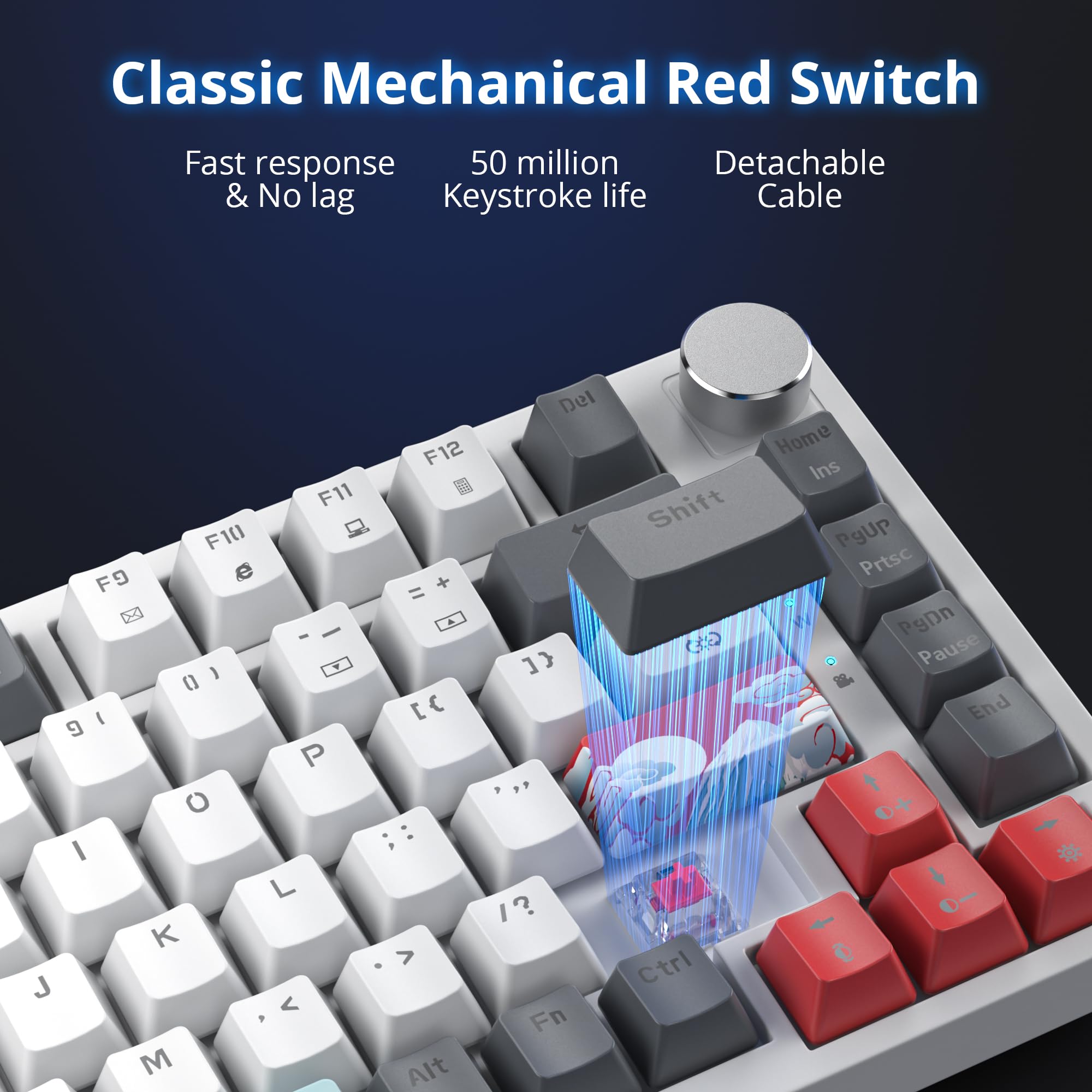 SOLIDEE Przewodowa klawiatura mechaniczna do gier 75% Hot Swappable,Gasket klawisze Red Switch z podświetleniem RGB,82 klawisze TKL klawiatury mechanicznej z pokrętłem sterującym(82 Grey_White)