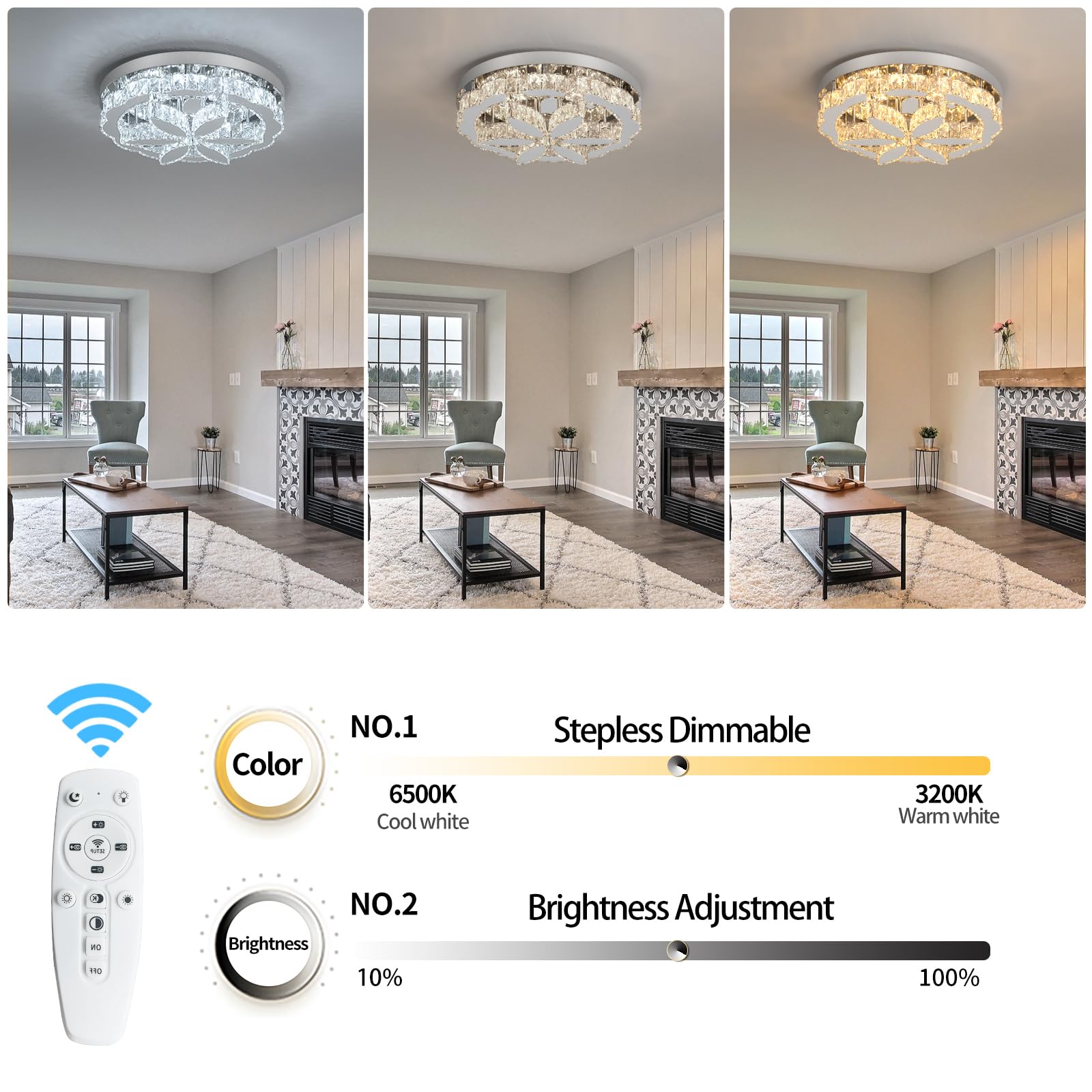 GreeLustr Moderne Kristall Kronleuchter Mit Fernbedienung für Wohnzimmer, Dimmbar Deckenleuchte Kristalle mit Elegantem Design für Schlafzimmer Flur Küche, Silber Deckenlampe Kristall für Decke (50cm)