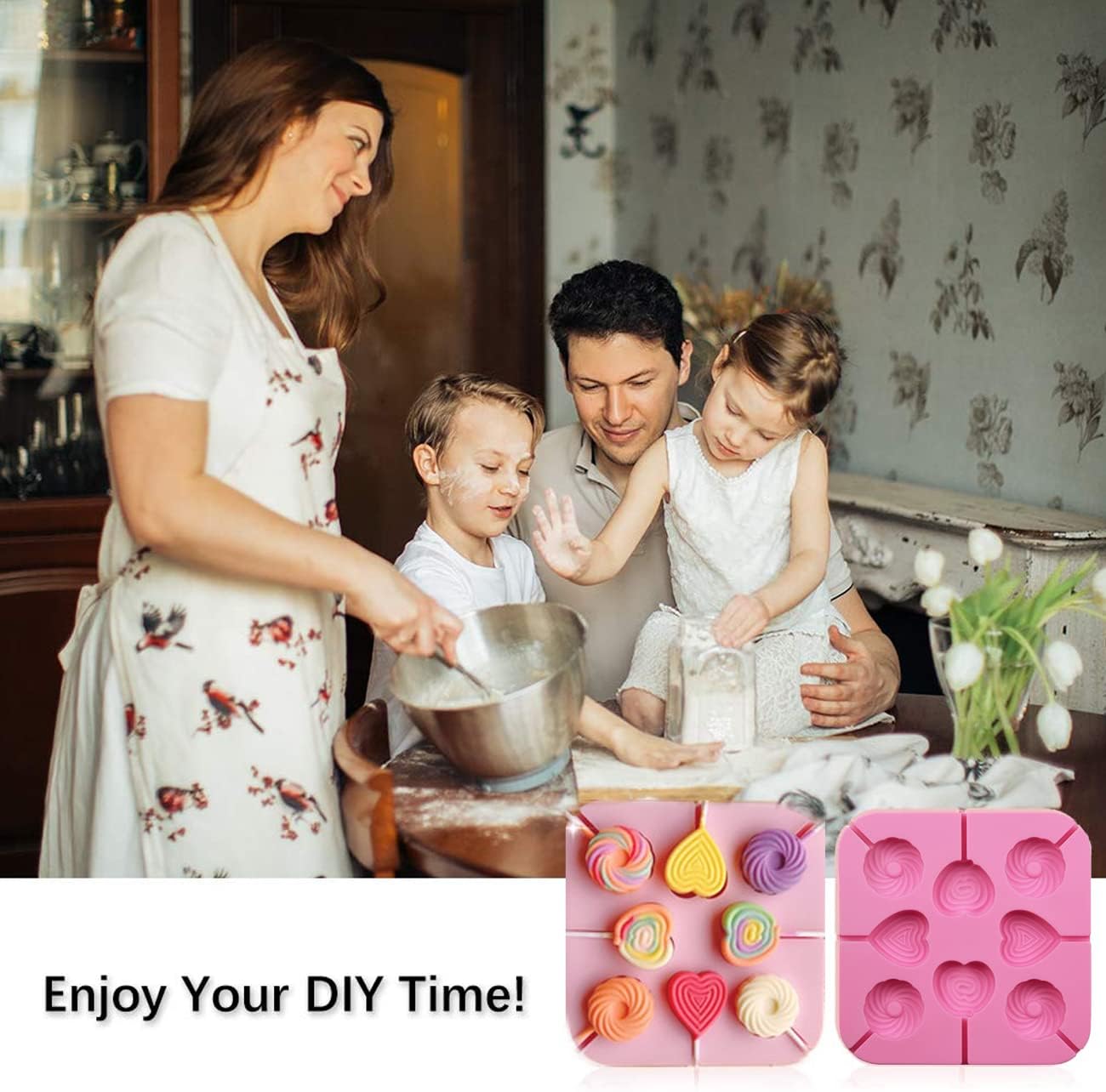 2Pcs Love heart Lollipop Candy Molds 8-Cavities Food Grade Heart Silicone Lollipop Molds Chocolate Hard Candy Molds including Heart, Round with 40 Lollipop Sticks