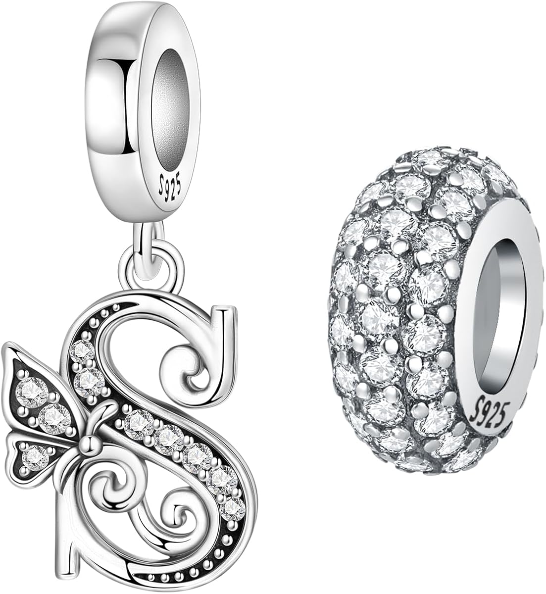 Paquete de 2 dijes de letras de mariposa de plata de ley 925 para pulseras y collares, colgantes con iniciales del alfabeto, cuentas espaciadoras redondas, pavimentan circonitas cúbicas, regalo de joyería para mujeres