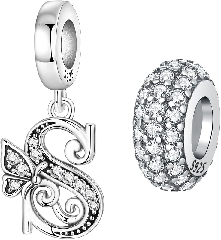 Paquete de 2 dijes de letras de mariposa de plata de ley 925 para pulseras y collares, colgantes con iniciales del alfabeto, cuentas espaciadoras redondas, pavimentan circonitas cúbicas, regalo de joyería para mujeres