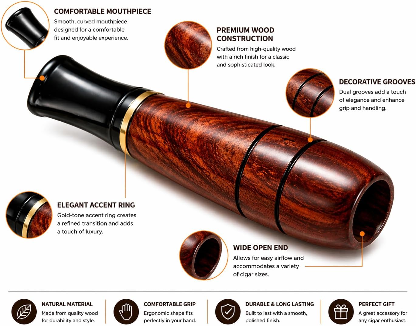 FESS Cigar Holder Tip – Reusable Cigar Mouthpiece, Size-Specific Fit for Selected Ring Gauge, Smooth Draw, Heat Resistant Cigar Accessory 52R