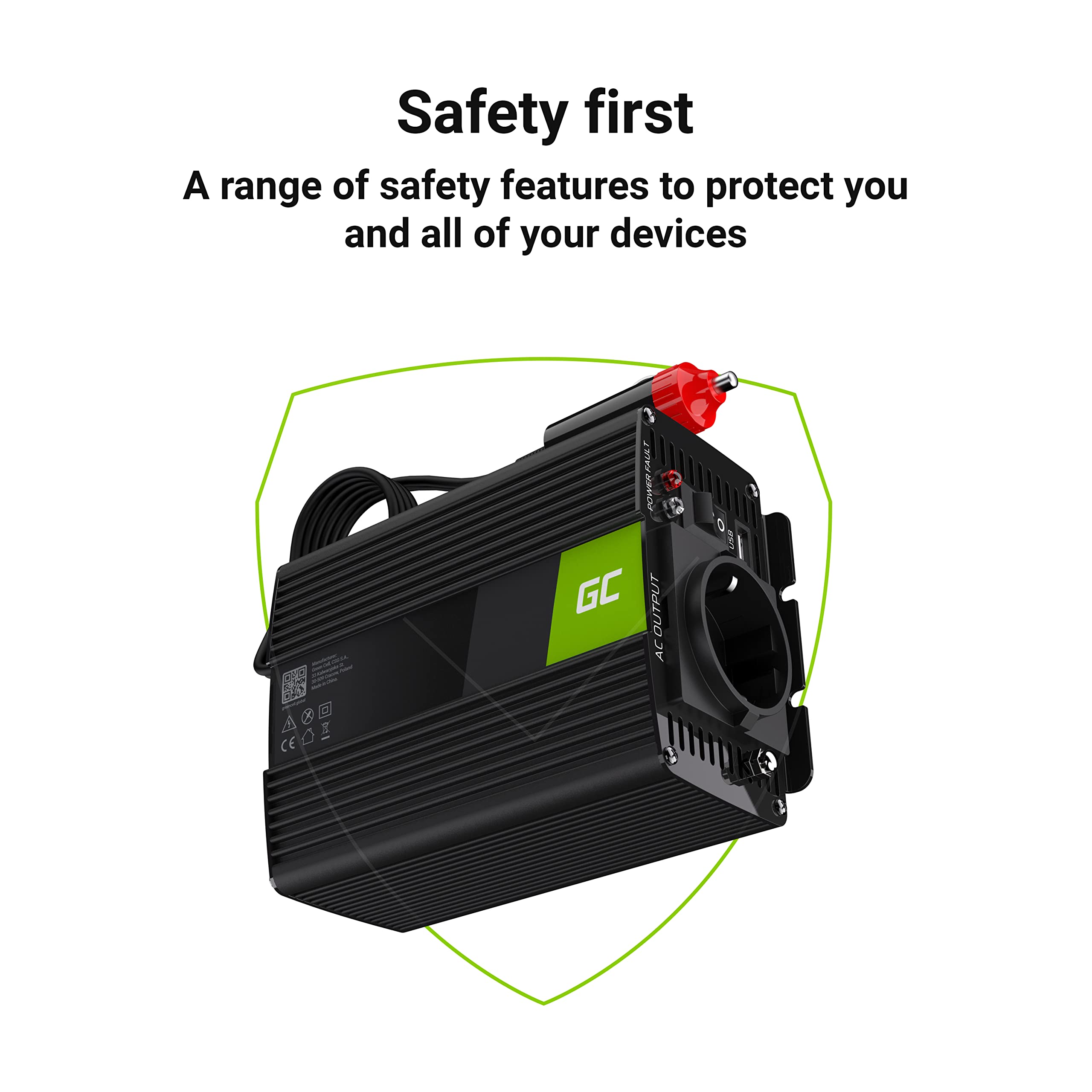 Green Cell® 150W/300W 12V a 220V/230V Onda sinusoidal modificada Inversor de Corriente DC AC Power Inverter Transformador de Voltaje para Coche Camion con Puerto USB y Pinzas de conexión a batería — view 9