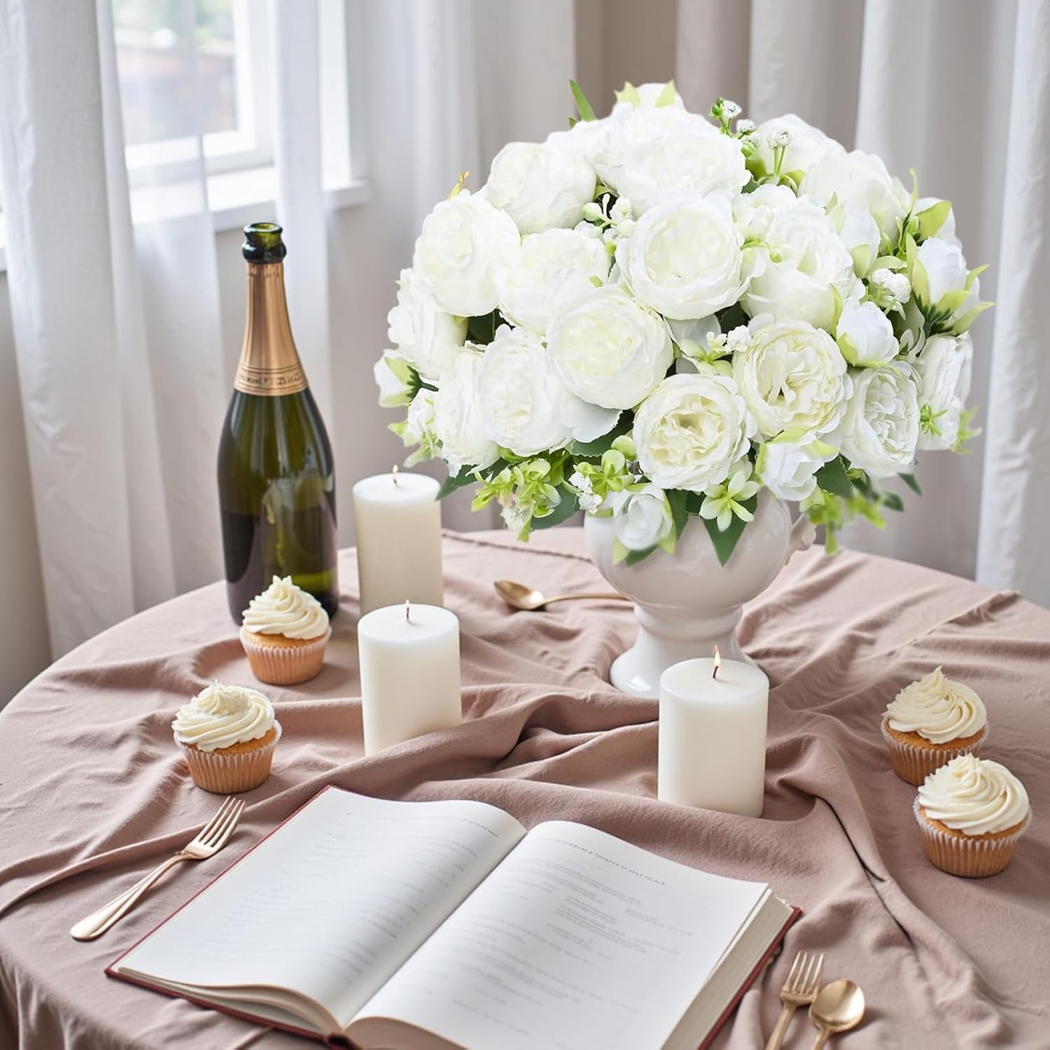 16 Pack White Peonies Artificial Flowers, Fake Silk Hydrangea Bouquet for Bridal Wedding Home Table Decor Reusable Dining Opening Ceremony Birthday Arrangement Faux Floral - Image 4