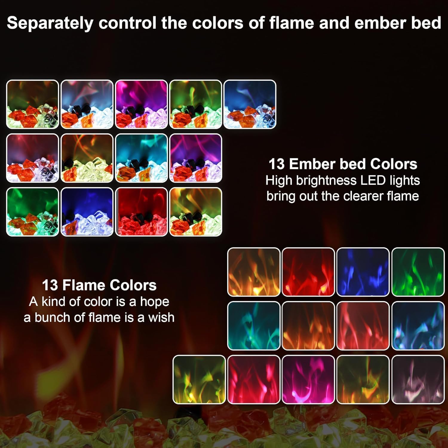 Heater, Wall Mounted and Recessed Electric Fireplace, Remote & Touch Screen, Log Set & Crystal, 13 Adjustable Flame Color, Thermostat, 1-9H Timer, 750w/1500w (80'' App)