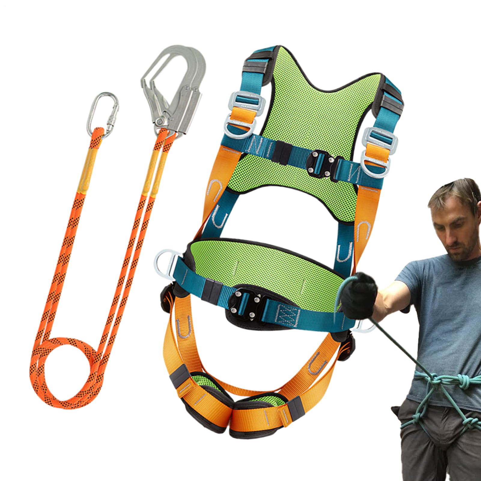 Harnais de Sécurité Anti-Chute pour Hommes | Kit de Sécurité pour Toiture avec Ceinture Corporelle,Longe avec Ceinture Confortable et Coussin, Boucle de Connexion Rapide pour Escalade Randonnée Sports
