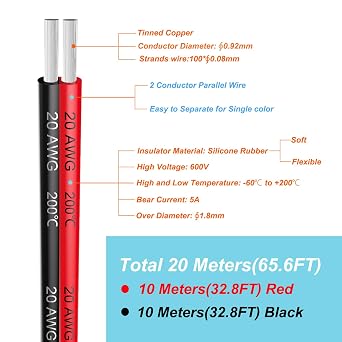 Haerkn 20awg 0.52mm² Silicone Electrical wire Cable 2 Cores 10 Meters