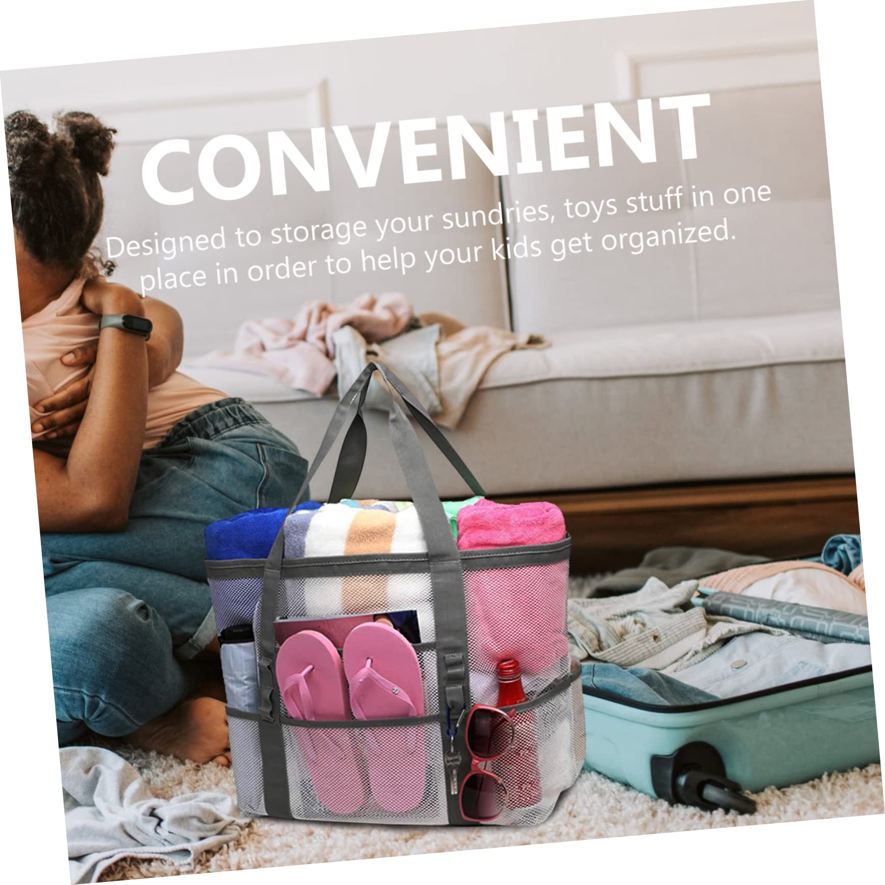 Housoutil 2pcs Portable Beach Toiletry for Toy with Organizers Use Multifunctional Mesh Bag Handle Basket, White, 59x36cm