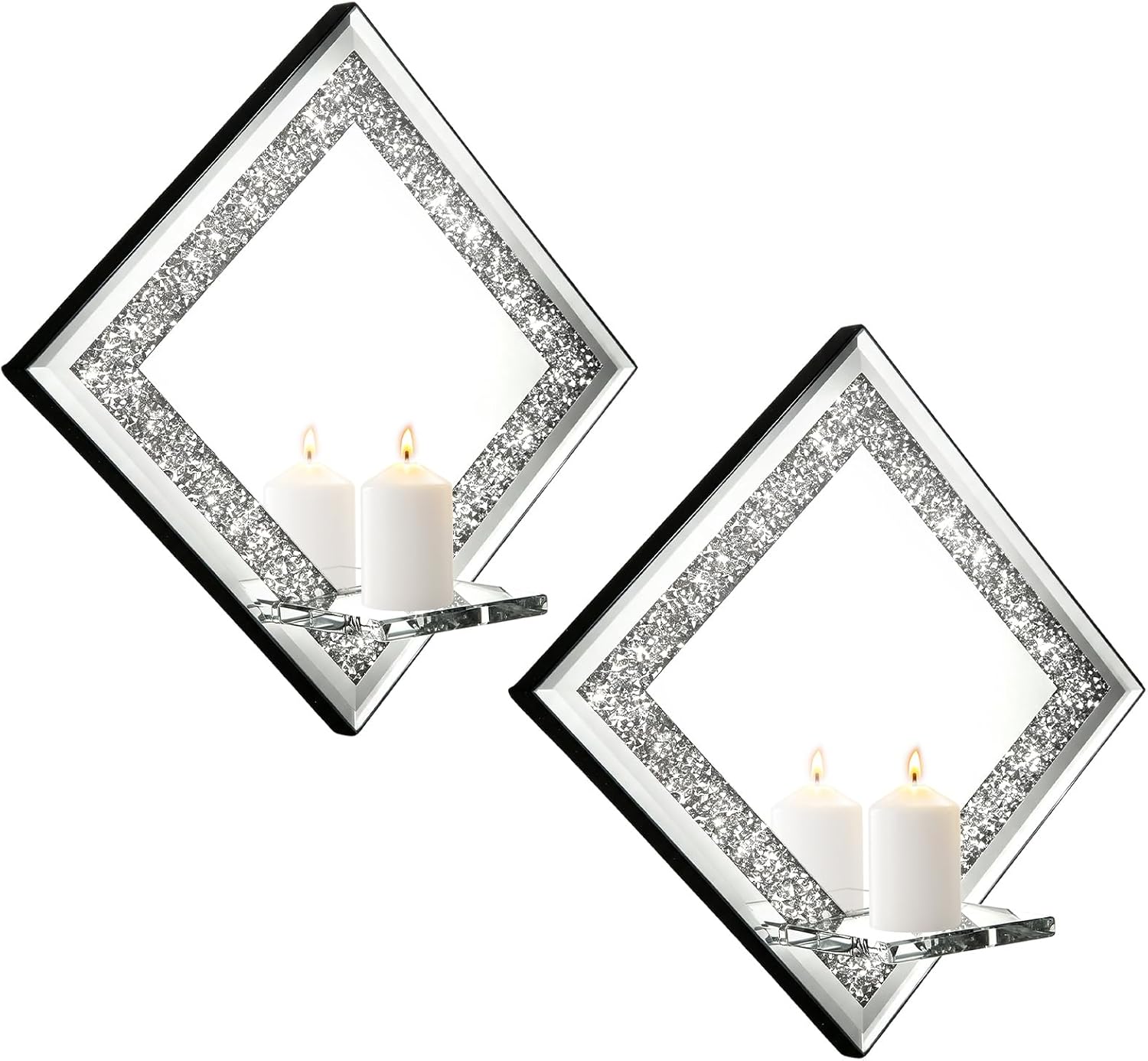 STARVAST 2 Pcs Wall Candle Sconces, Silver Mirrored Candle Holder with Glass Accent, Decorative Wall Sconce Set for Living Room Dining Room Hallway Fireplace Decor