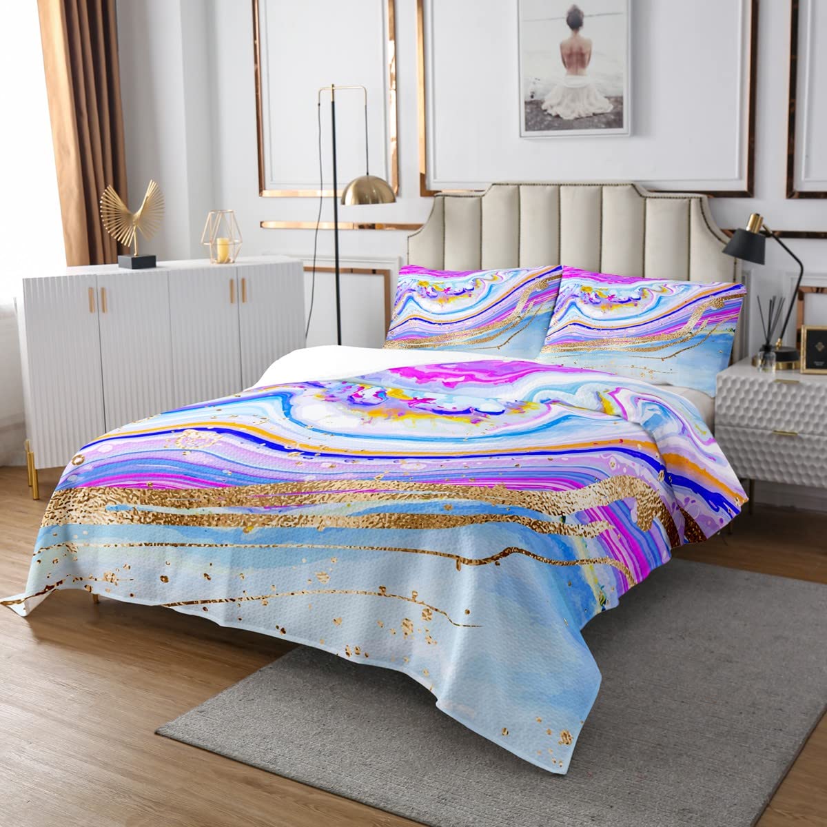 Akwarelowa, marmurowa narzuta 170 x 210 cm, tęczowa narzuta z nadrukiem Tie Dye, zestaw dla dzieci, dziewczynek, dekoracja sypialni, złote prążkowane, dekoracyjna mikrofibra, pikowana z 1