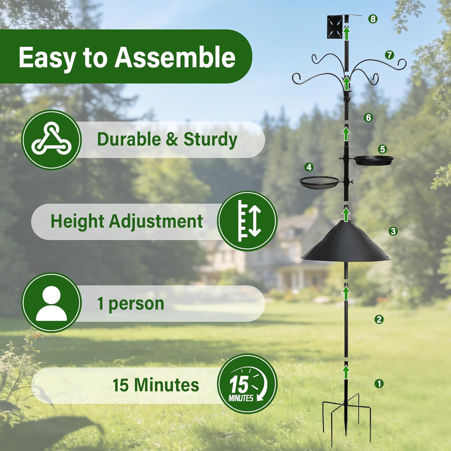 99 Inch Bird Feeder Pole with Squirrel Baffle, 360° Rotating Heavy Duty Bird House Pole for Outdoors Garden Yard, Adjustable Height Bird Feeder Stand with Shepherds Hooks Metal Trays