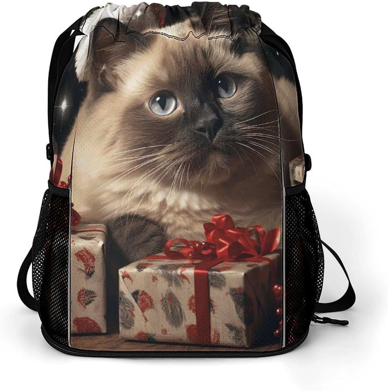 Sports Drawstring Backpack Christmas Siamese Cat Lightweight Backpack Dry And Wet Separation Large Capacity