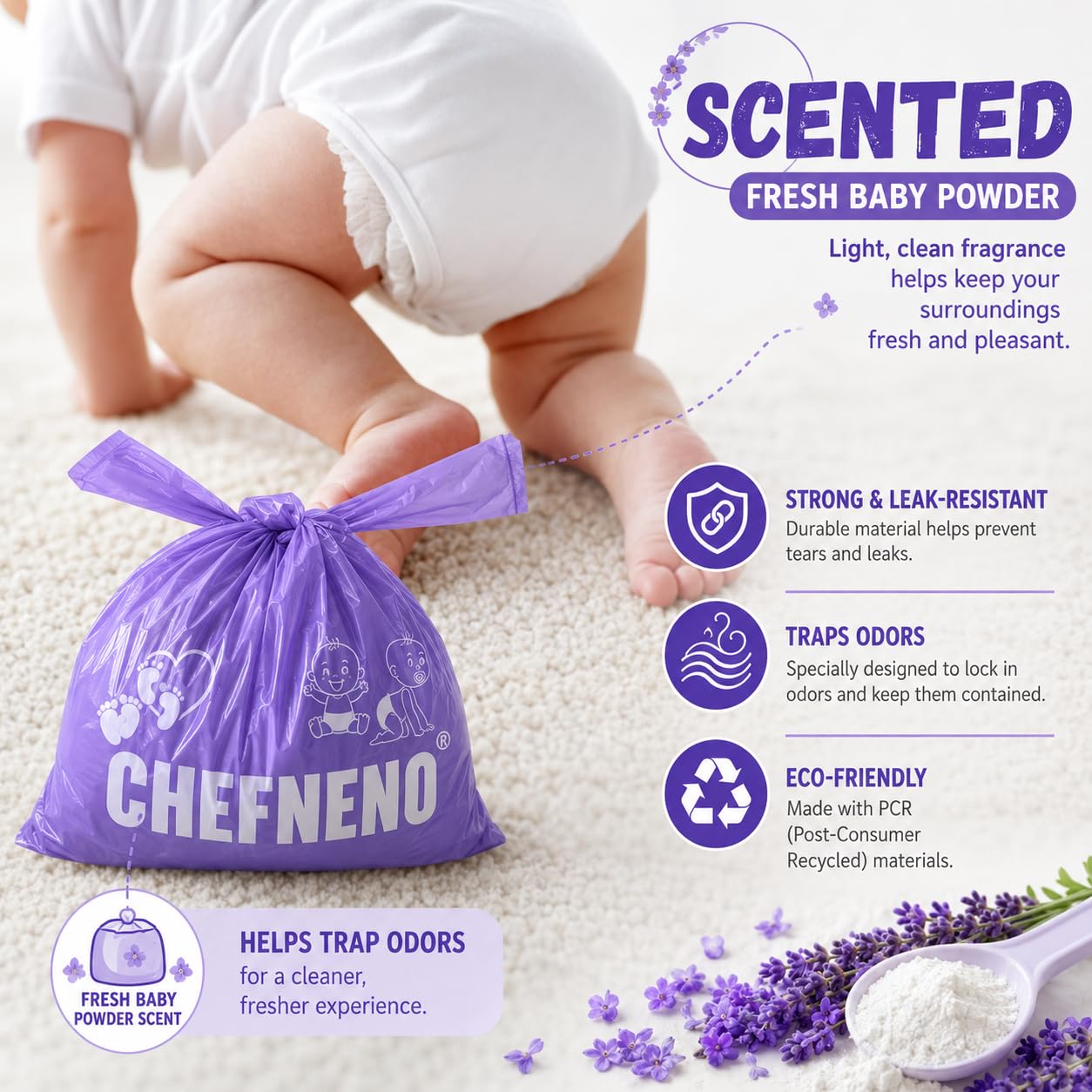 Baby Disposable Diaper Sacks (600 ct.) Fresh Baby Powder Scented, Easy-Tie Diaper Sacks Disposal Bulk Diaper Sacks Dog Poop Bags Cat Litter Waste Bags Sanitary Pads Disposal Bags (600 Bags, Purple)