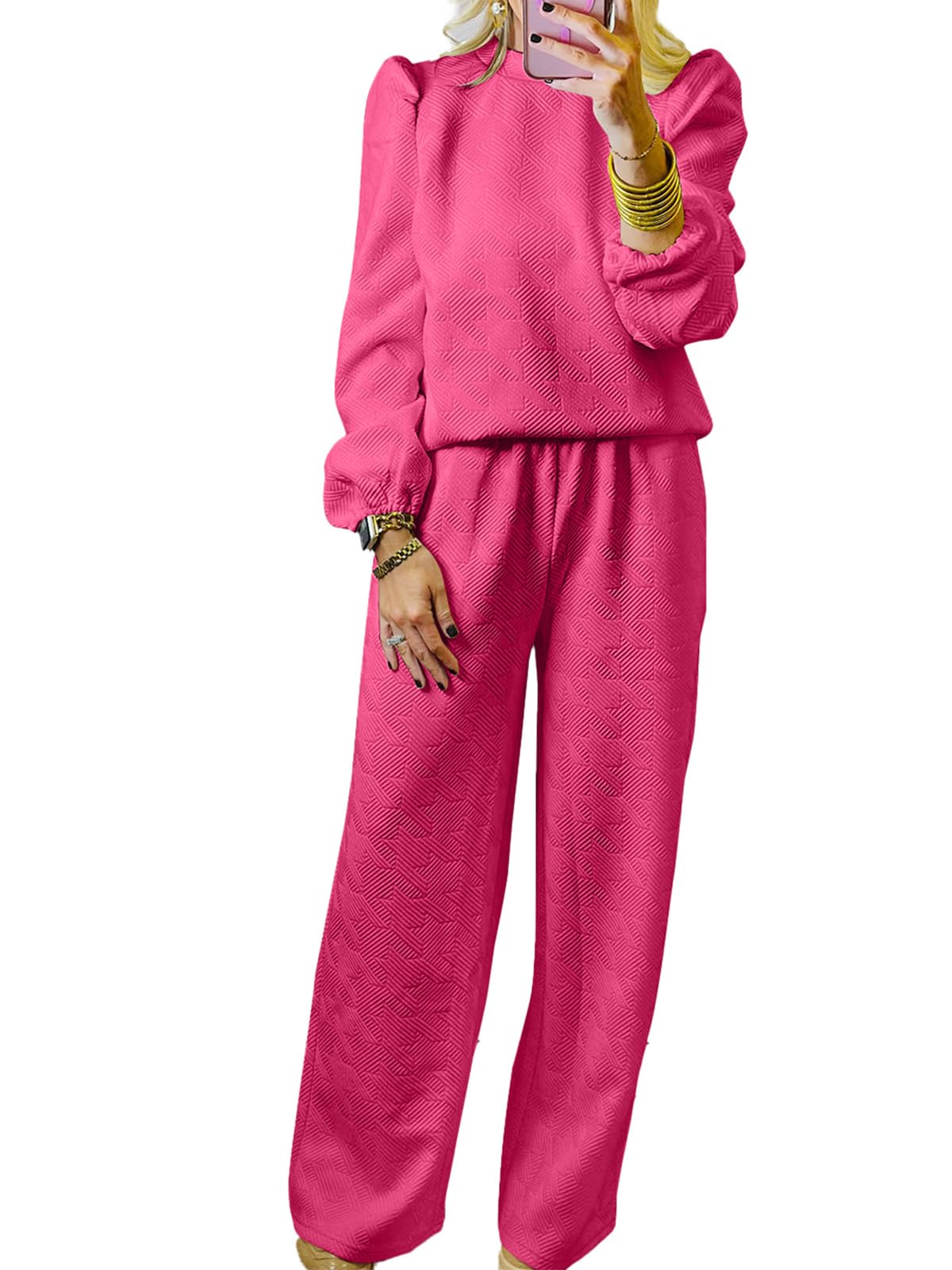 DEAHEZEN Women's 2024 Fall Two Piece Outfit Sweatsuit Casual Long Sleeve Pullover Tops and Drawstring Wide Leg