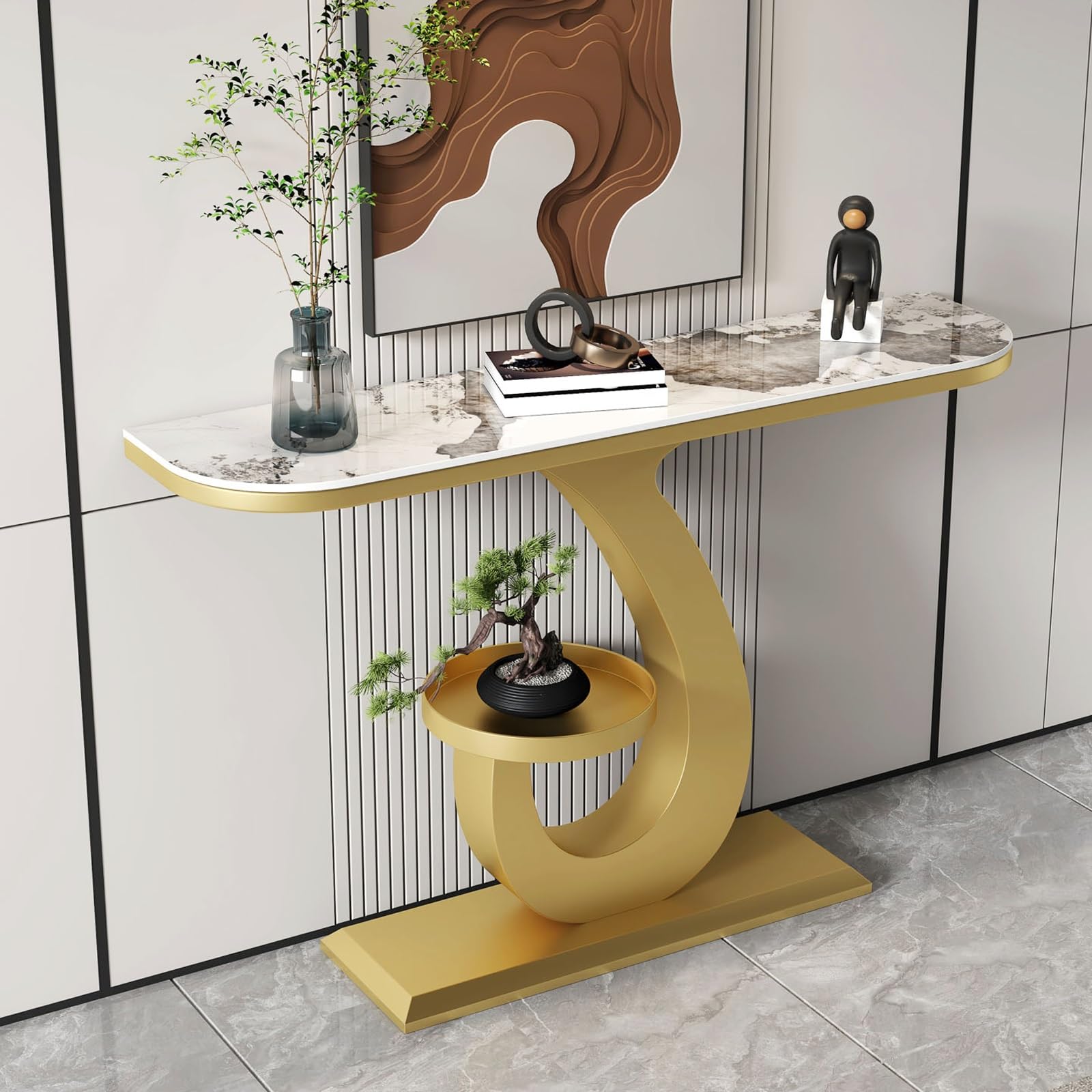 Consolle Moderna E Stretta con Struttura in Metallo Sagomato, Tavolo Consolle Ingresso Ideale per Corridoi E Ingressi in Stile Industriale(Gold,120cm/47.2in)