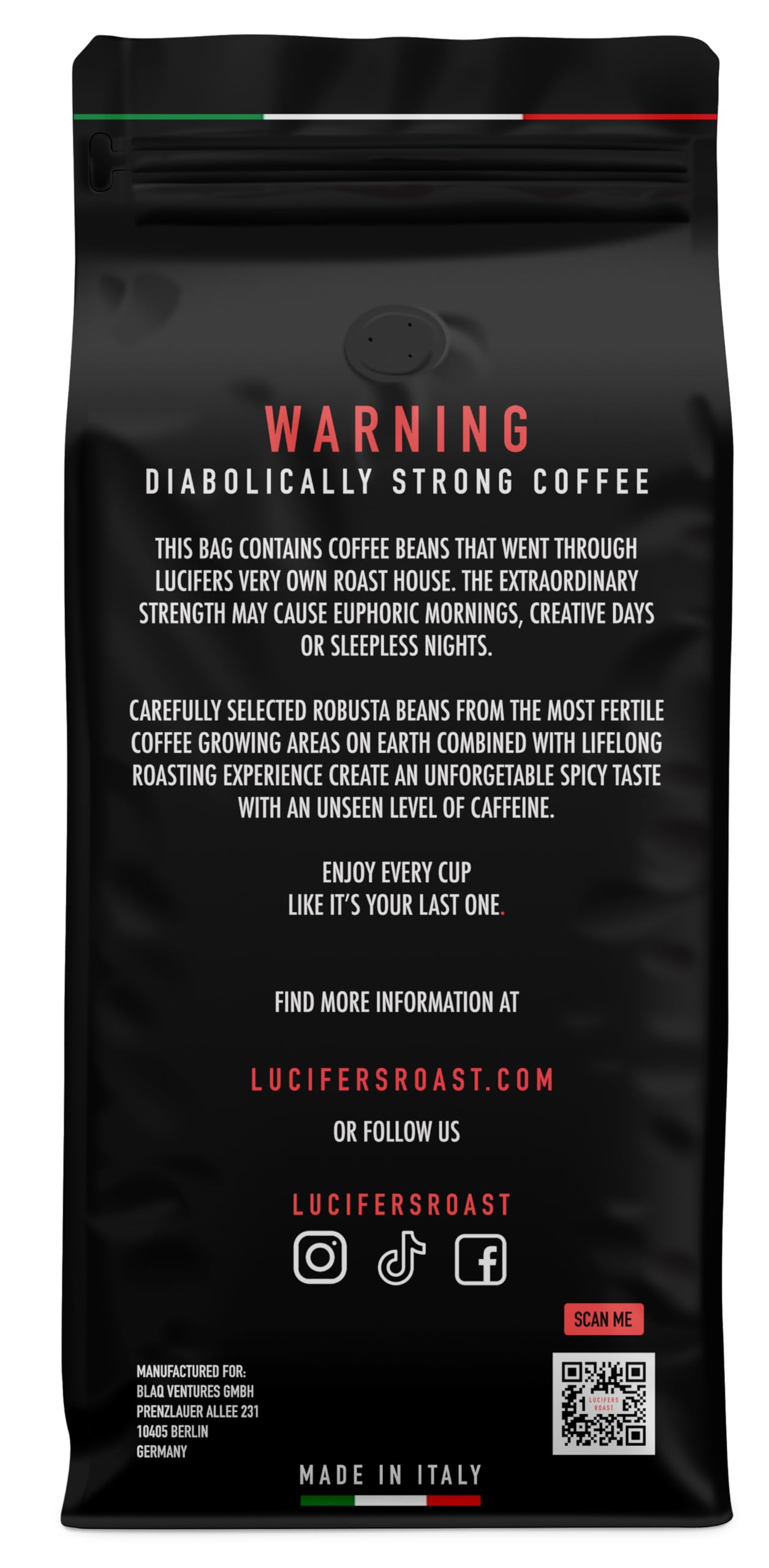 LUCIFERS ROAST 1kg Kaffeebohnen aus Italien - sehr starker Espresso dark roast - säurearm - für Kaffeevollautomaten oder Siebträger - 100% Robusta (ganze Bohnen, 1kg)