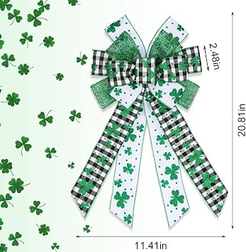 Large St. Patrick's Day Bows for Wreath, Black White Buffalo Plaid Glitter Shamrock Wreath Bow for Front Door Indoor Outdoor Wall Decoration St. Patrick's Supplies Ornament