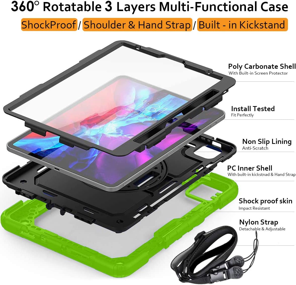 DuraSafe Cases for iPad 12.9 6th 5th 4th 3rd - PRO 12.9 [ Pro 12.9 3/4 / 5/6 Gen ] A2436 A2764 A2437 A2378 A2461 A2379 A1876 A2014 A1895 A2229 A2069 Shock Proof Cover with Shoulder Strap - Green