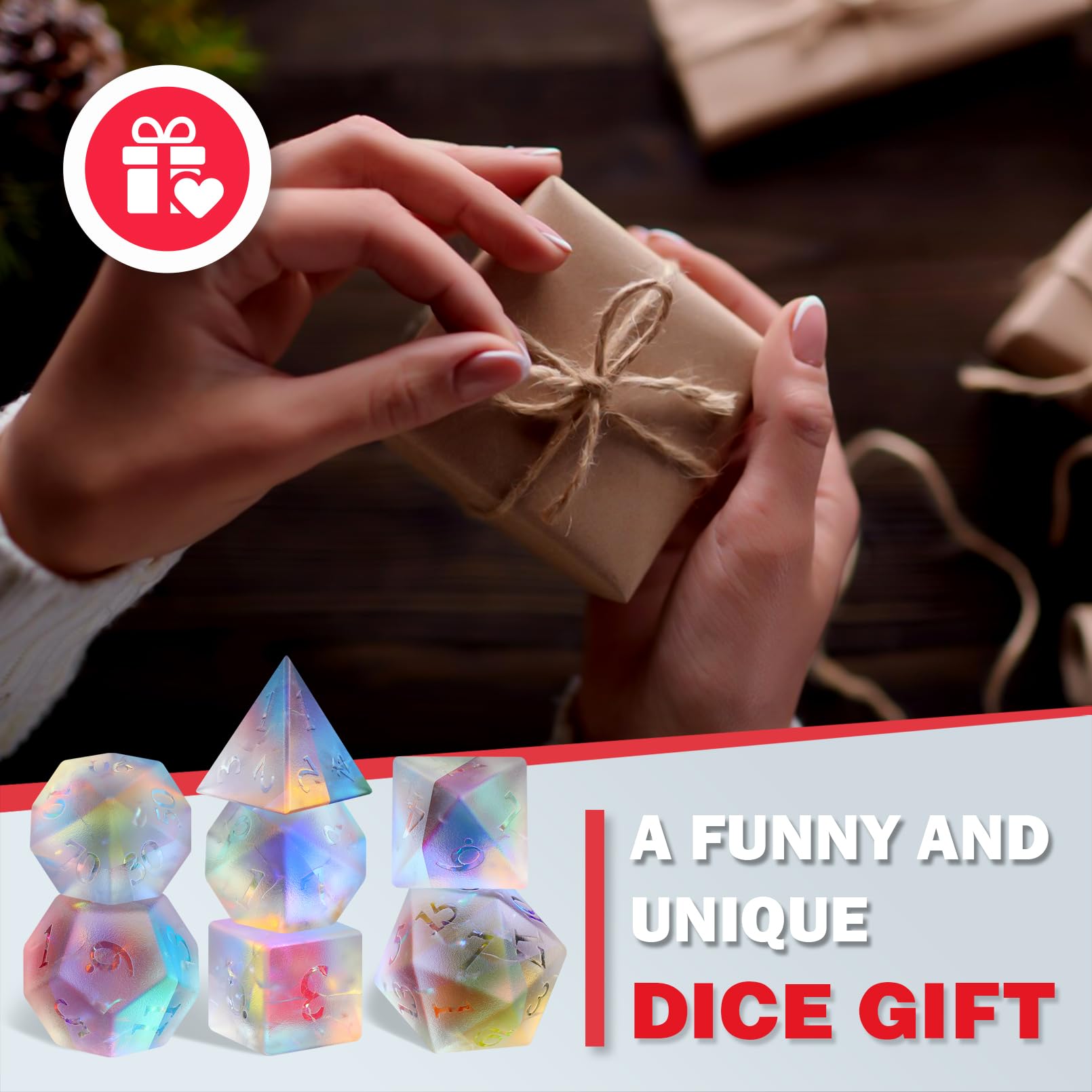 LUCKY-M Set di dadi con pietre preziose, set di dadi per giochi di ruolo da tavolo e da regalo (arcobaleno satinato, Ankh)