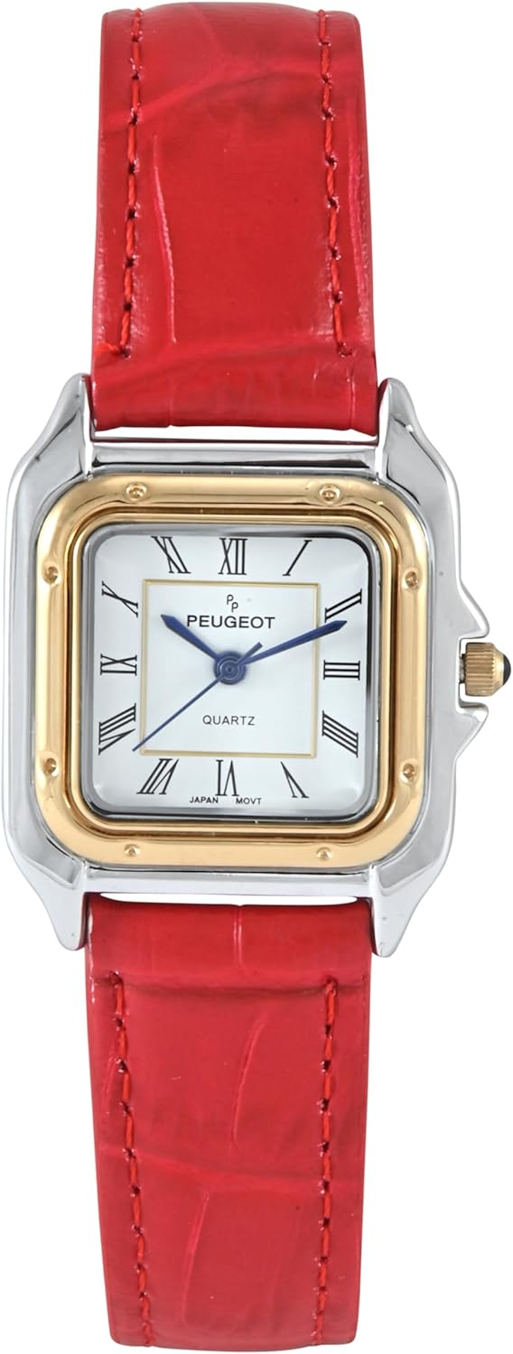Peugeot Women Two-Tone Tank Shape Dress Watch with Designer Leather Wrist Band