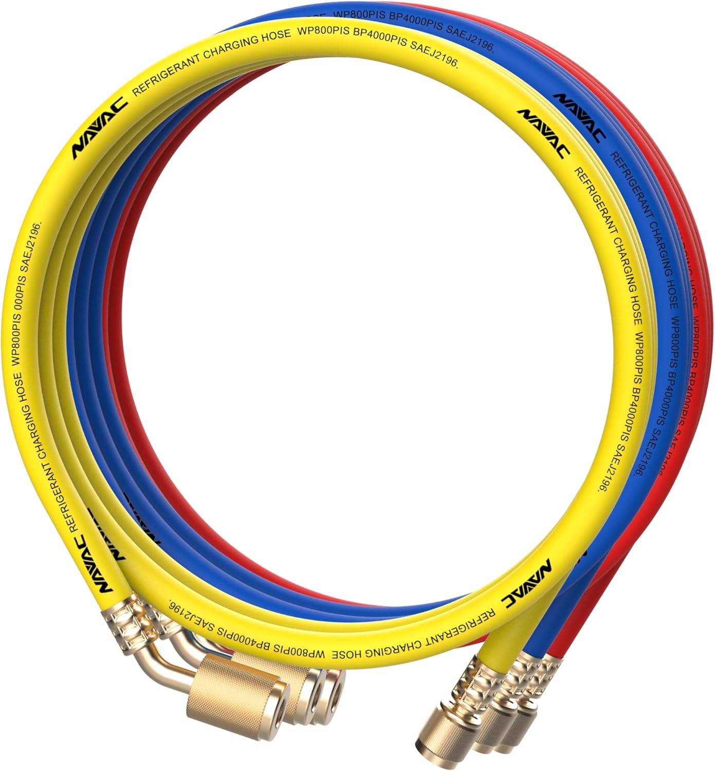NAVAC Low Loss HVAC Refrigerant Charging Hose Set NH5SLL | 5' 1/4" SAE | 800 PSI High Pressure | Red Yellow Blue Hoses w/ 45° Fitting | A2L Compatible R410A R22 R134a | F2010 A2L Adapter Included