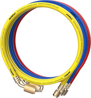 NAVAC NH5SLL Low Loss Refrigerant Hoses, 3 Pack - HVAC Charging Hoses for A2L Systems, 1/4 in SAE 45 Degree Fittings -Roller Bearing Connectors, Adjustable Depressor, 800 PSI -5 ft, Red, Blue & Yellow