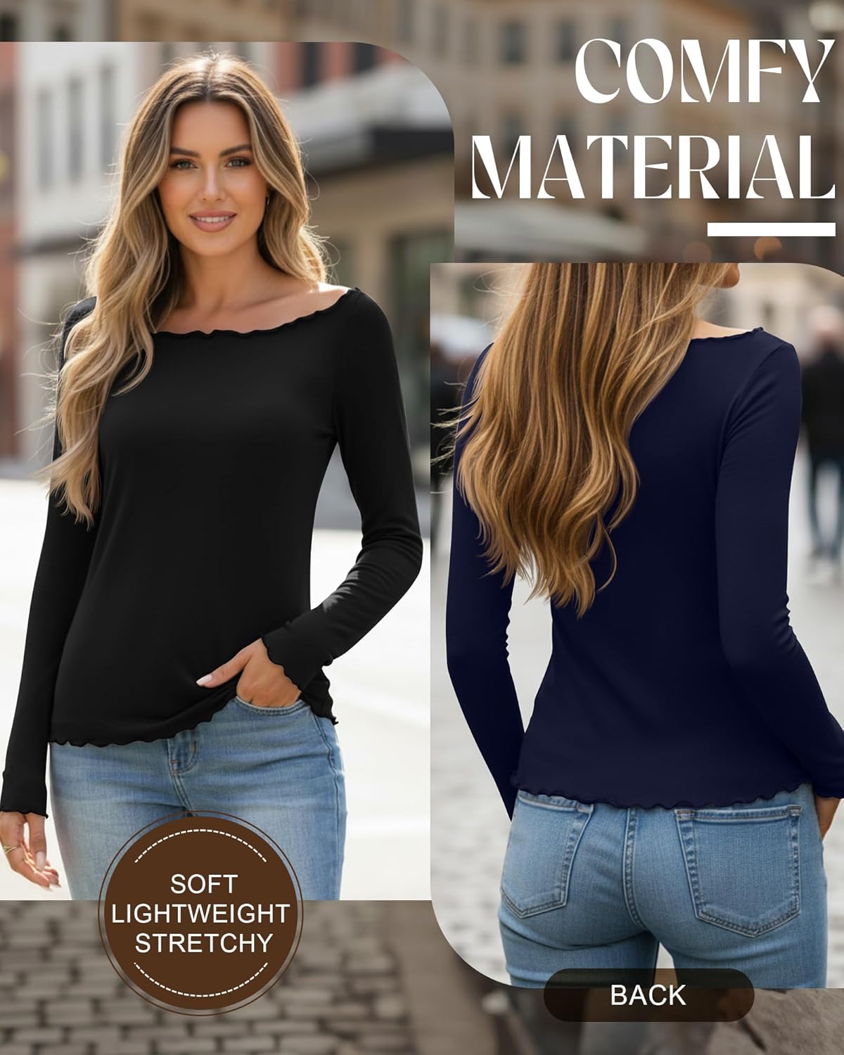 Huukeay 3 Pack Women's Long Sleeve Tops Lettuce Trim Boat Neck Shirts Slim Fit Casual Basic Fitted Tees - Image 4