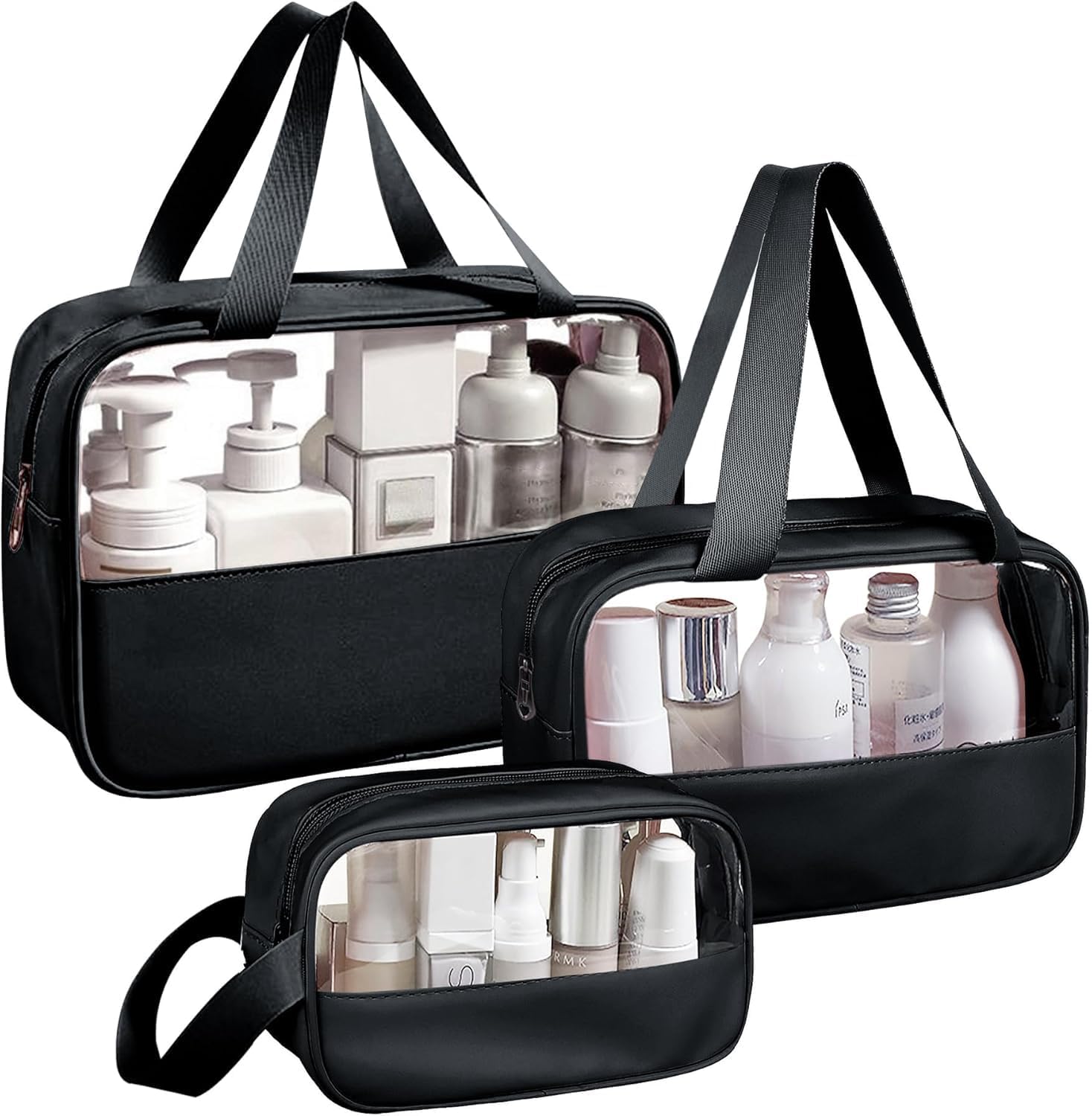 HOMIFYY Travel Toiletry Pouch for Women & Men, Portable Cosmetic Organizer Bag for Full-Sized Shampoo, Brushes Set, Toys, Stationery, Bathroom & Makeup Accessories (3 pcs Set) (Black)-image-11