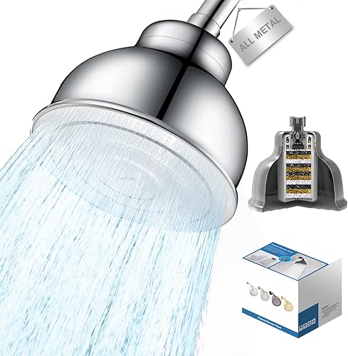 Cabezal de ducha filtrado de metal para agua dura, cabezal de ducha de lluvia de alta presión de 6 pulgadas con filtro integrado, elimina el cloro y