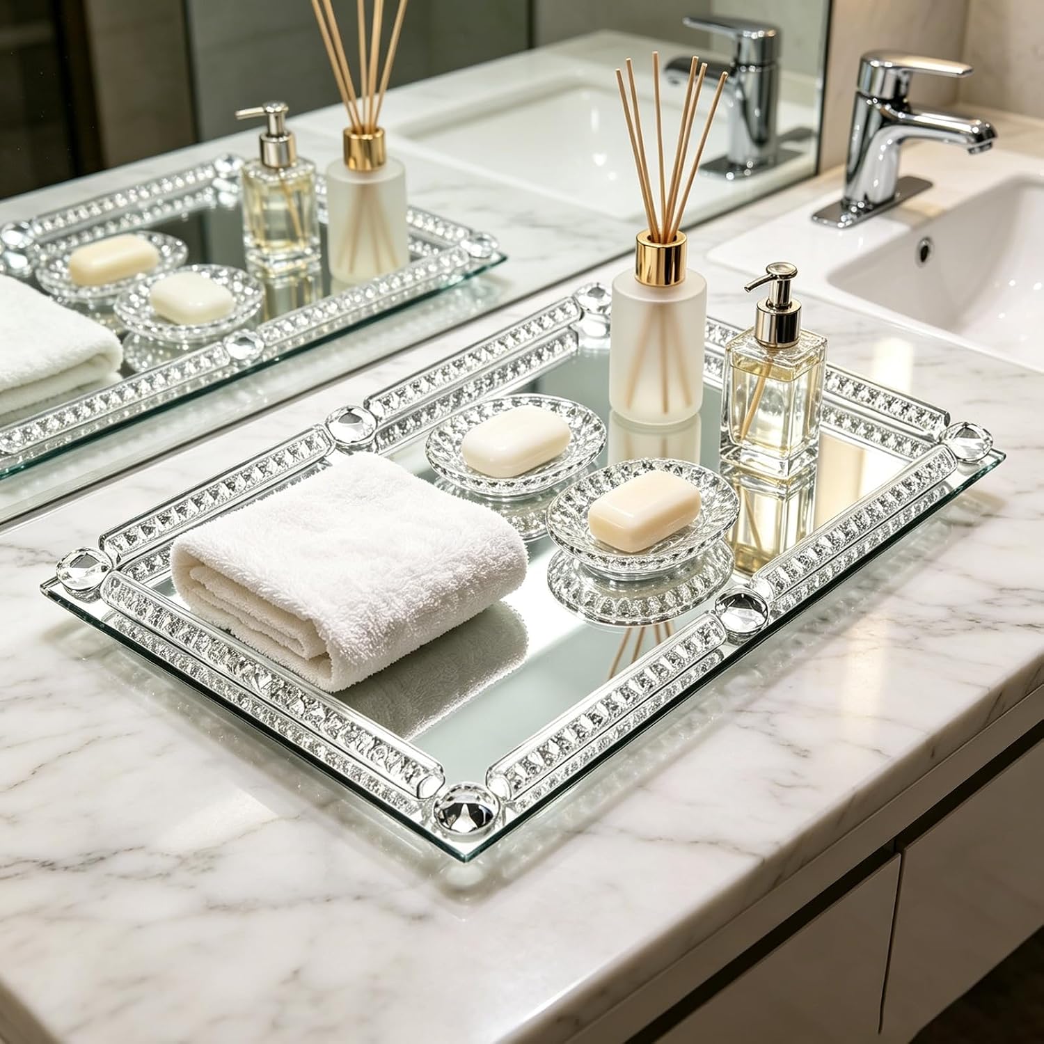Large Silver Mirror Crystal Perfume Tray, Cosmetic Makeup Vanity Organizer