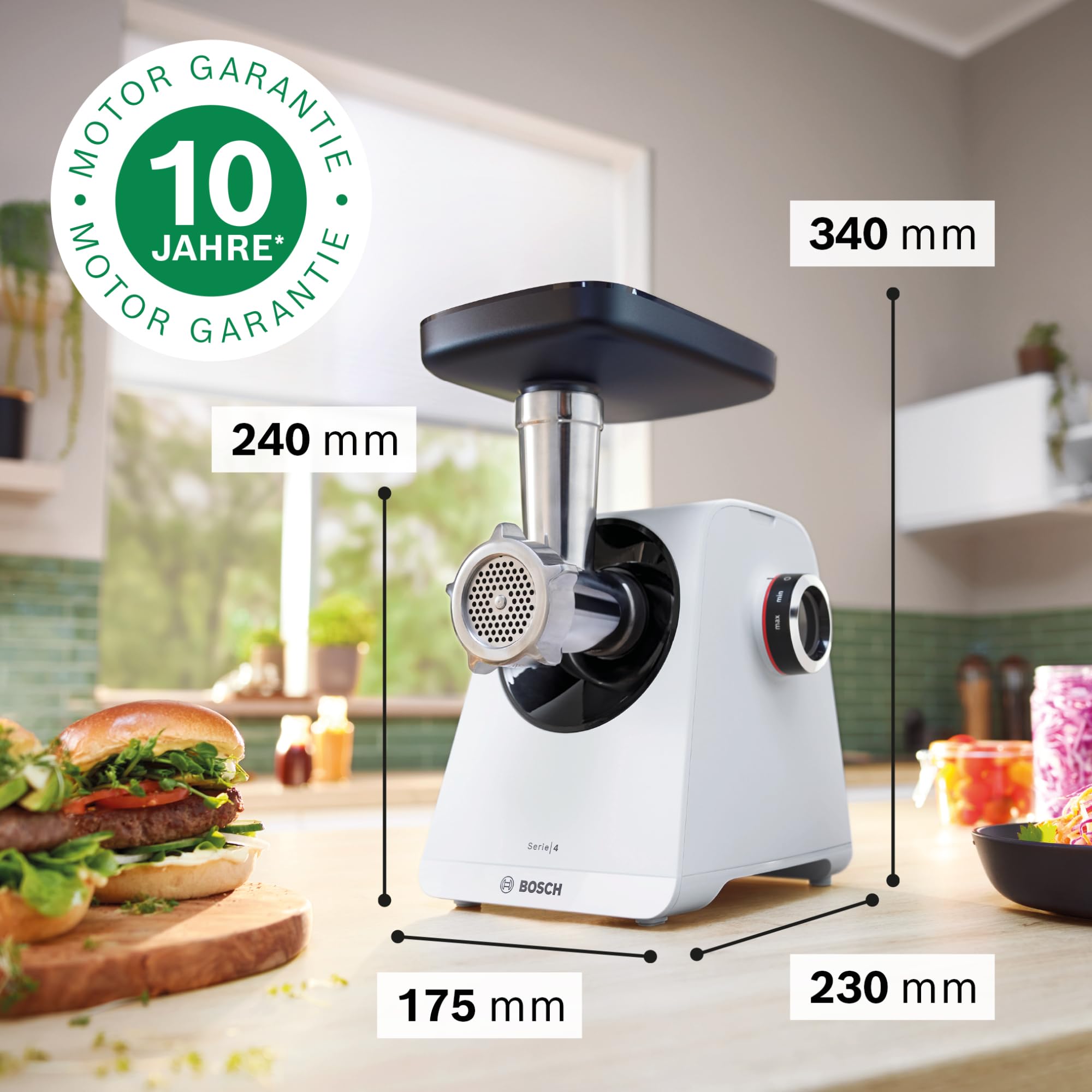 Bosch Fleischwolf Serie 4, 2 Lochscheiben (3 / 8mm) Edelstahl, spülmaschinenfest, elektrisch, stark, kompakt, 2 Stufen, Wurststopfer, 1.900 W, weiß/schwarz, MultiPower MFWS420W