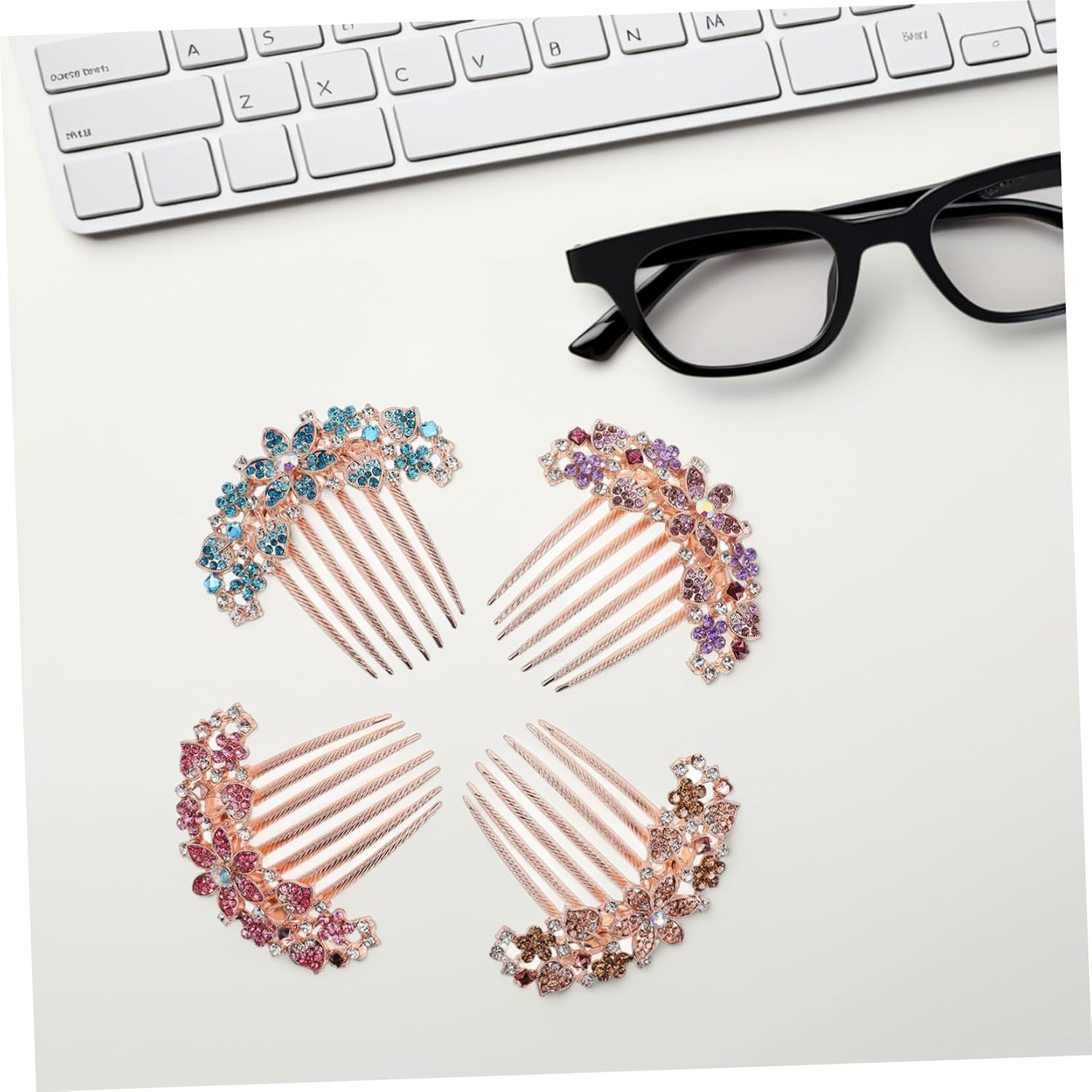 4pcs Rhinestone Hair Brush French Side Combs for Women Floral Hair Accessories Metal Clip Headband for Party