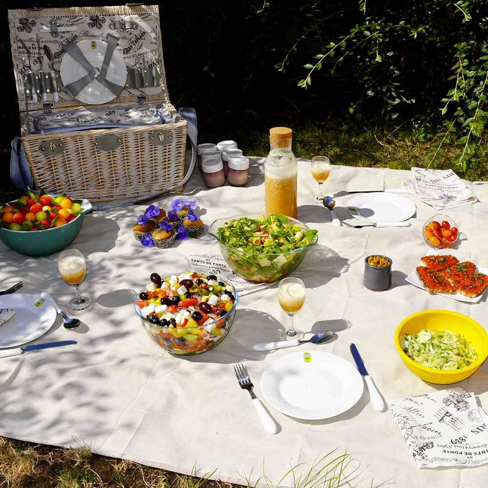 Les Jardins de la Comtesse - Rechteckige Picknickdecke XL Beige - Baumwolle wasserabweisender/Rückseite Polyester - 8 bis 12 Pers - Picknickdecke mit Halterung - Auch für Gartentisch - 140 x 280 cm