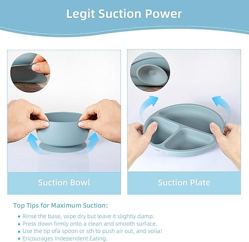 Miniatura 5 de Juego de alimentación de silicona para bebés, juego de suministros de destete para bebés (juego de cuencos divididos para bebés con babero, cuchara
