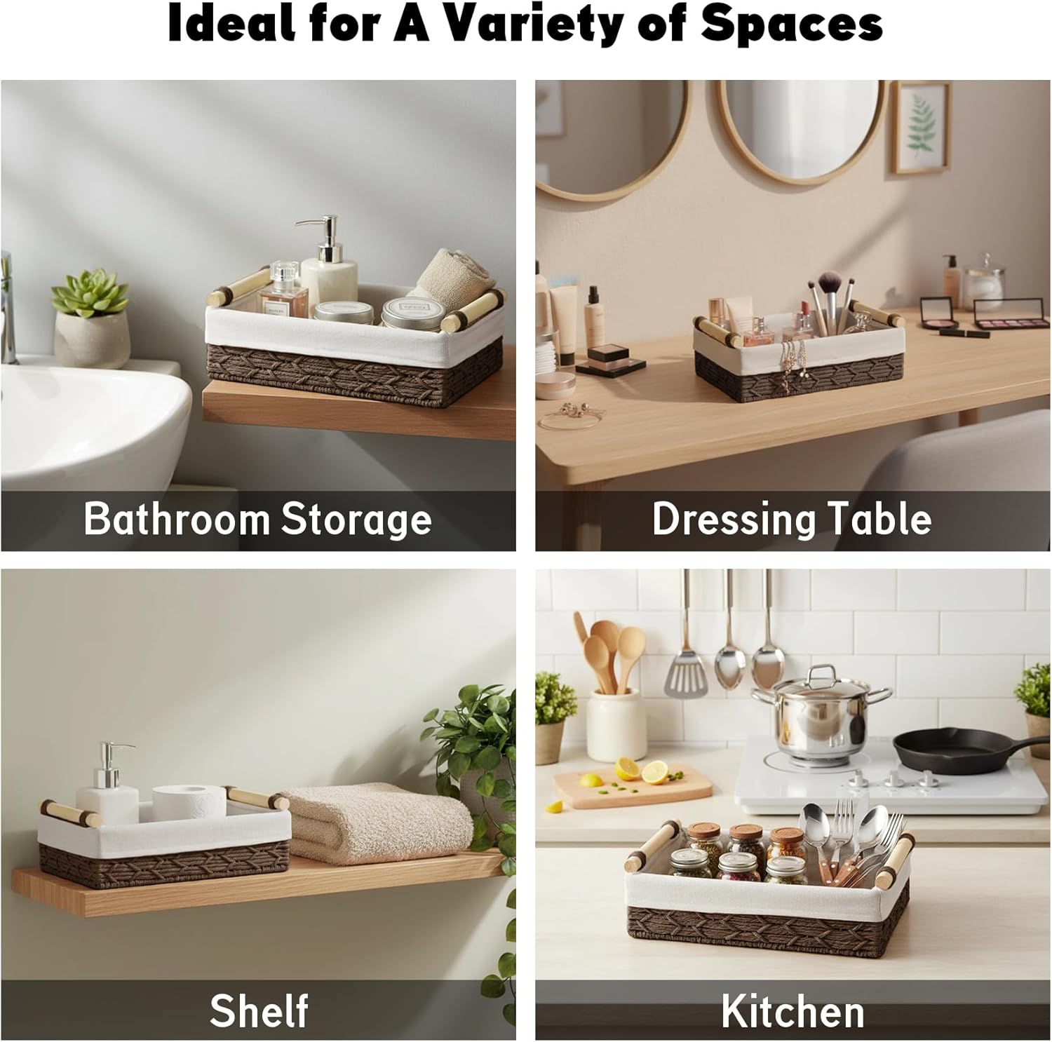 Bathroom Storage Basket Organizer Wicker Baskets for Organizing Closet Kitchen Makeup Basket Storage Bins for Countertop,Under shelf,Toilet Rope Paper Baskets for Toilet Tank Top,Large Small Basket
