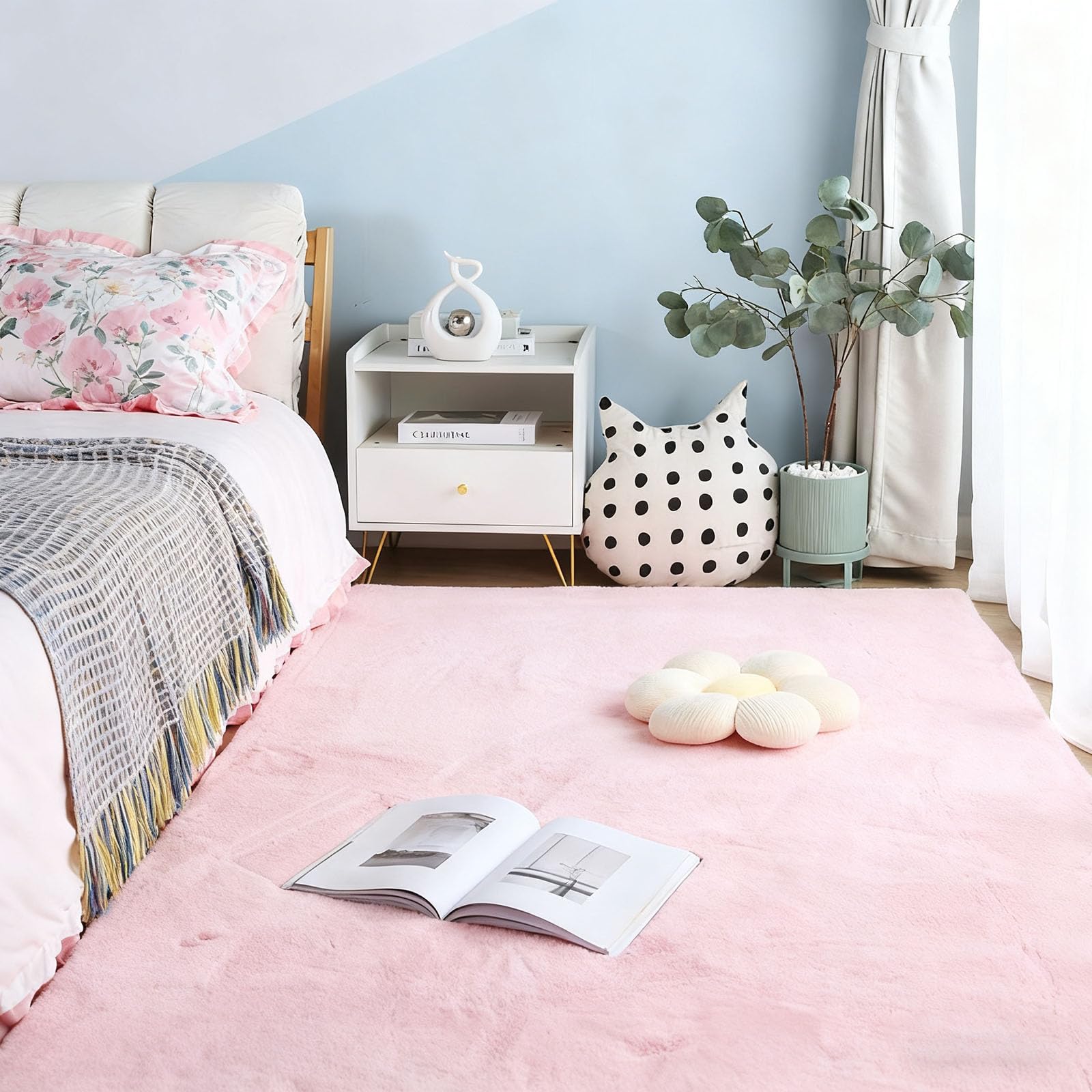 Tapis salon et chambre adulte rose 1.8x4.3 m à poils ras aspect fourrure
