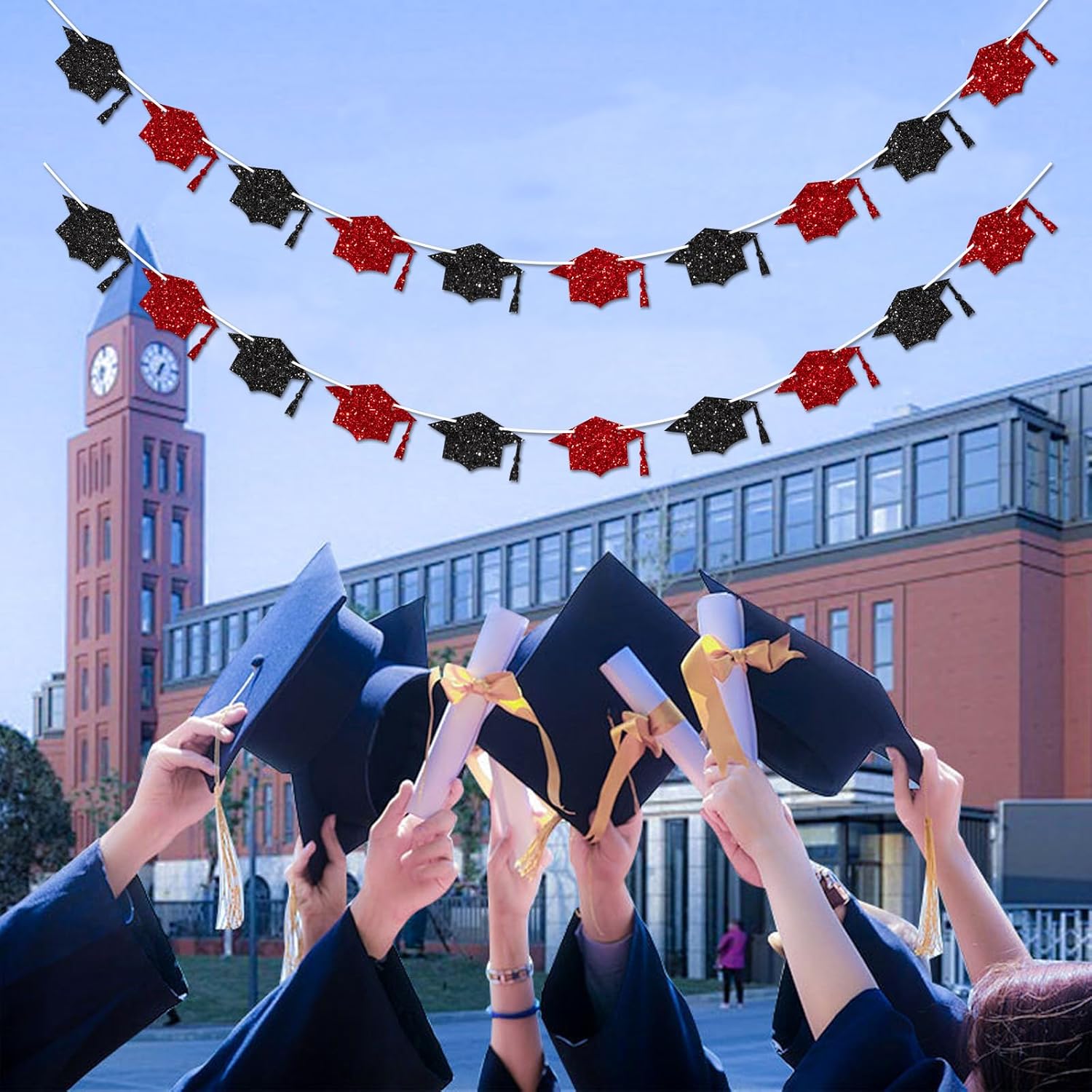 Red and Black Graduation Decorations Class of 2026 Graduation Banner Pre-Strung Glitter Congrats Grad Cap Banner for Grad Party Decorations 2026 - Image 5