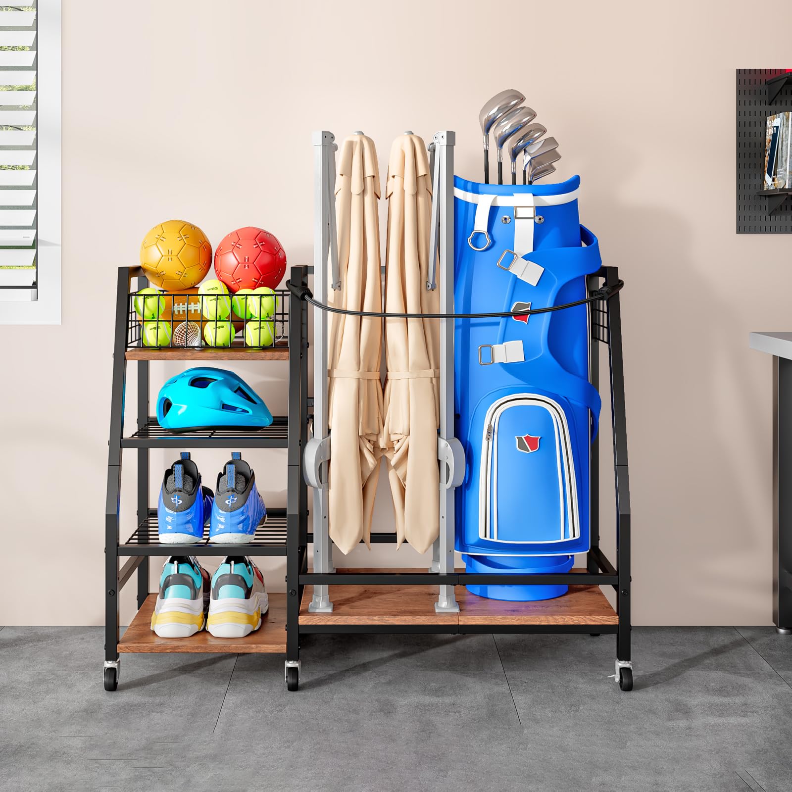 Support de Rangement pour Clubs de Golf avec roulettes, Organisateur Robuste pour Sacs de Golf, Grand Support pour Équipements de Golf, Meuble de Rangement pour Maison et Garage
