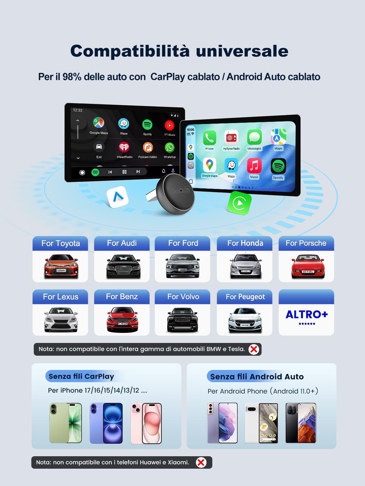 Carlinkit Mini Ultra Adattatore Wireless CarPlay & Android Auto, Converti il Sistema di Fabbrica da Cablato a Wireless, Connessione Rapida USB-A/USB-C per iOS 10+ & Android 11+, Plug & Play, Aggiornam