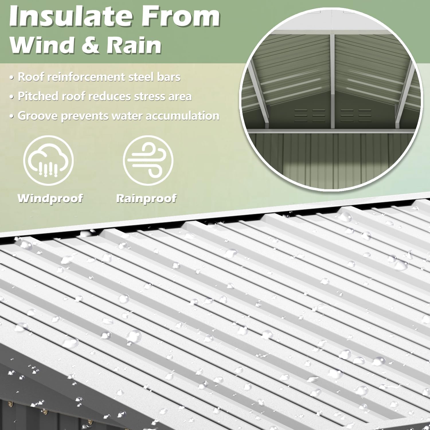 Close-up of the shed roof showing reinforcement steel bars and water droplets