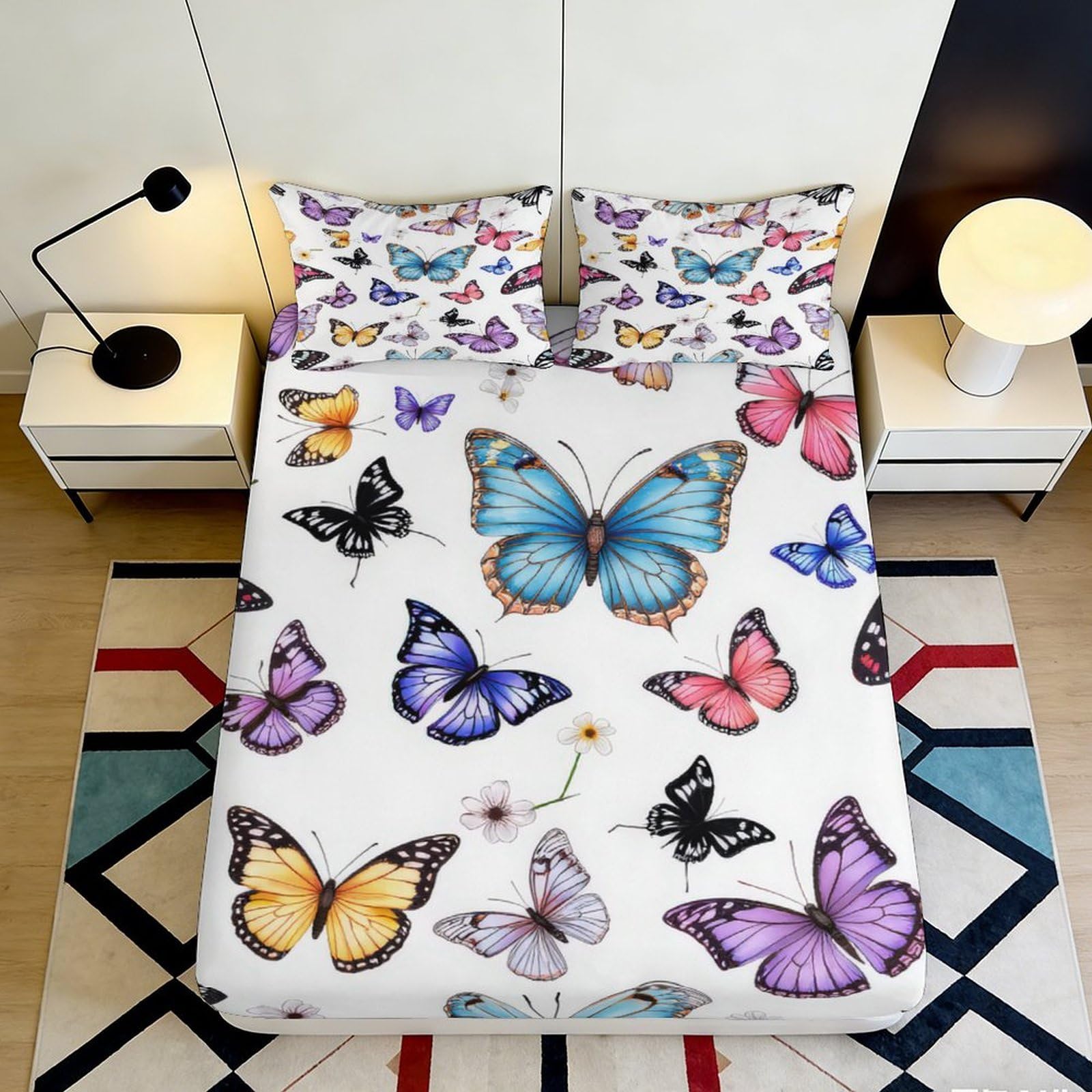 3D Printed Butterfly Fitted Sheet Microfiber soft touch decor, wrinkle resistant, apartment bedding, bedroom cover 90x200x25cm