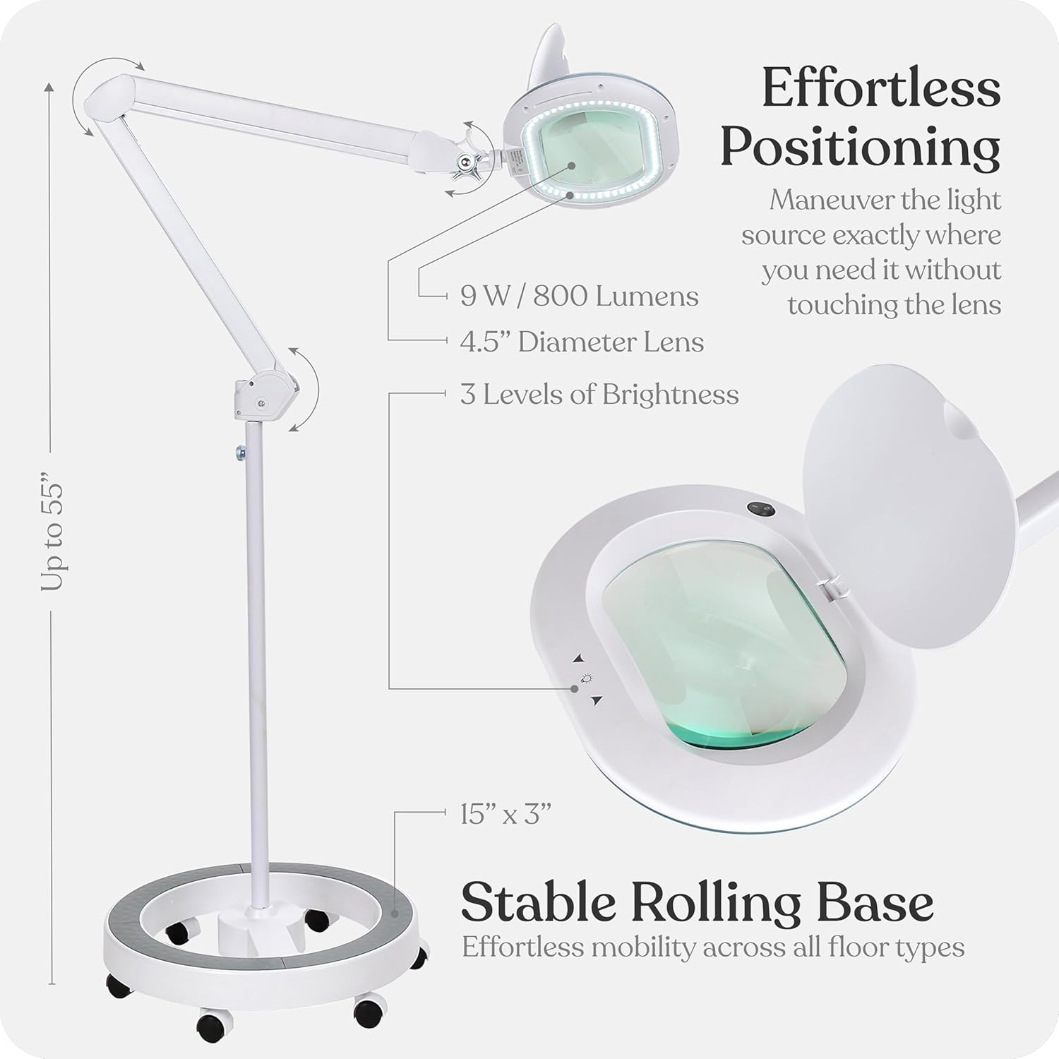 Brightech LightView Pro Magnifying Glass with Stand and Light – Magnifying Floor Lamp with 6-Wheels on a Sturdy Base for Facials – LED Work Light with XL Magnifier Glass for Crafts and Projects